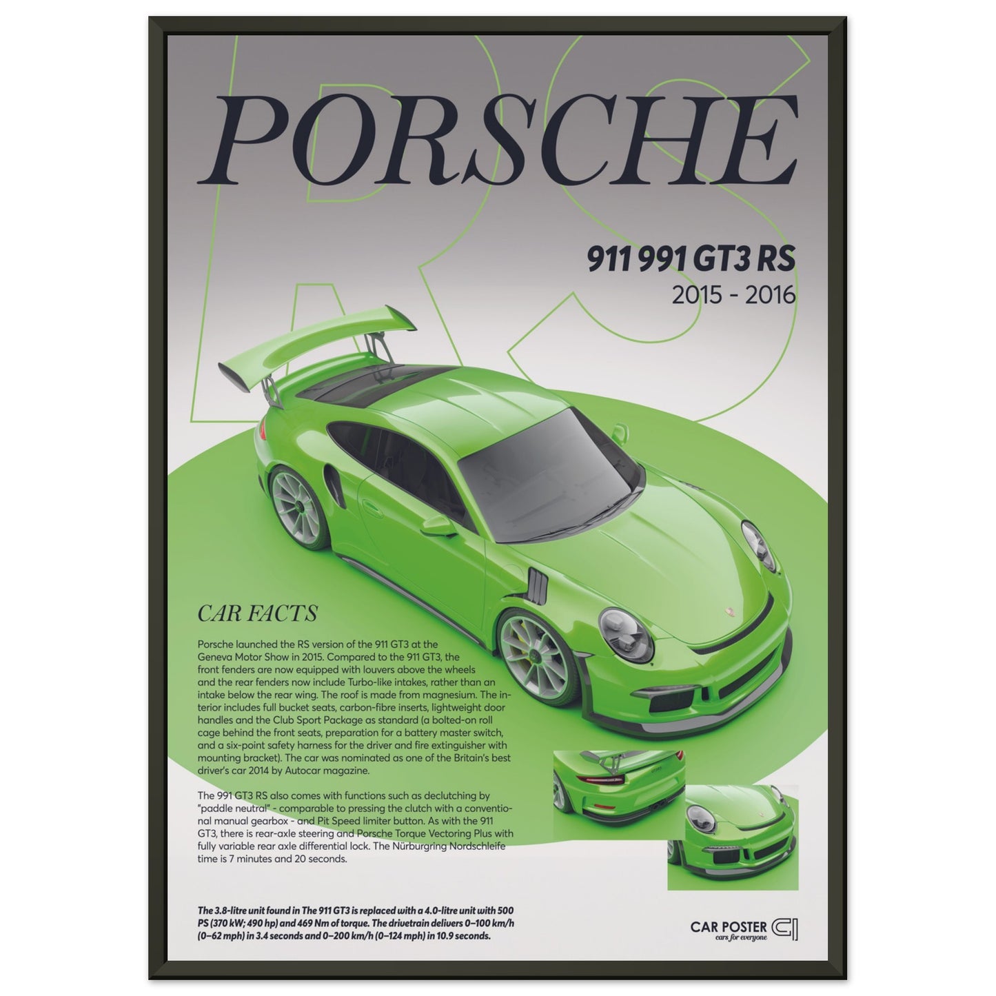 Framed Car Poster - Porsche 911 991 GT3 RS - Lizard Green