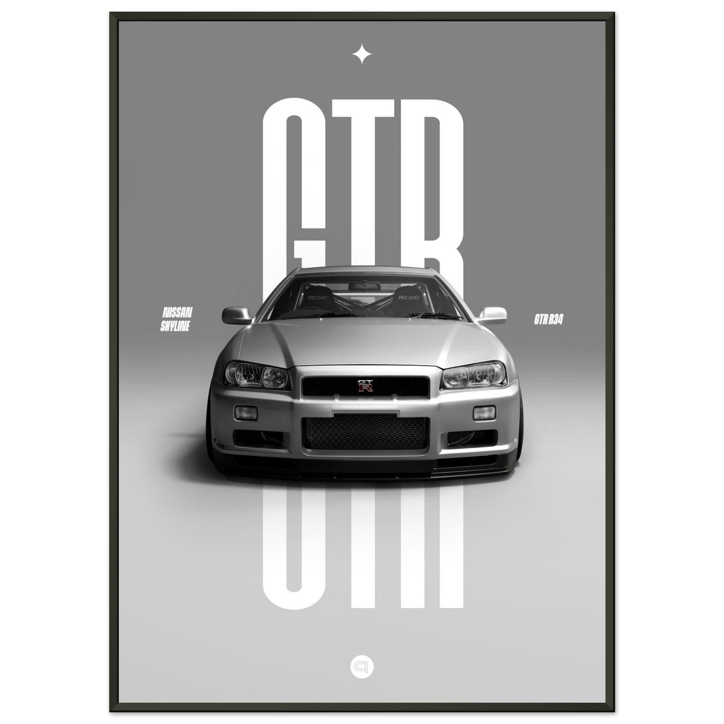 Framed Car Poster - Nissan Skyline GTR R34 - White