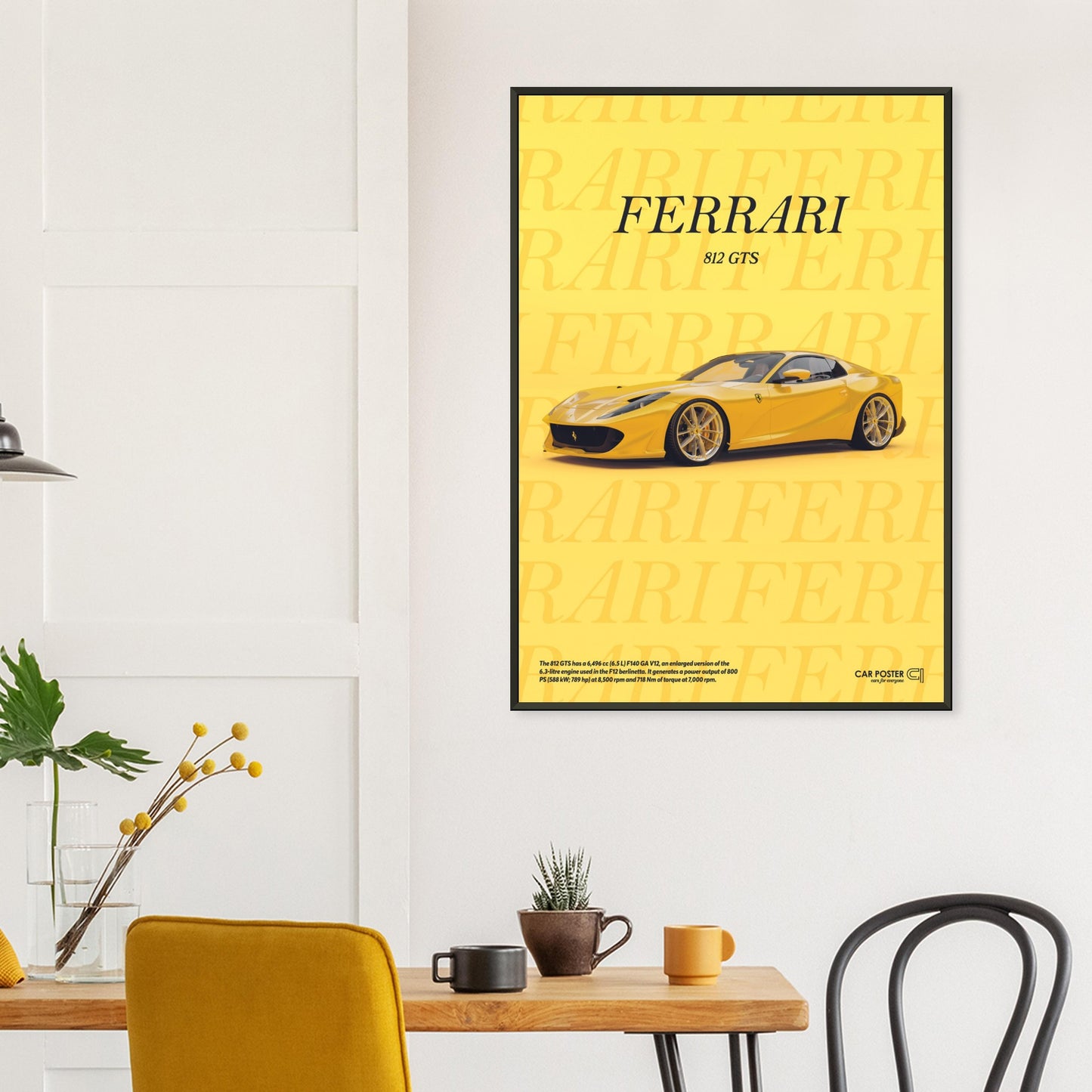 Framed Car Poster - Ferrari 812 GTS Typography - Yellow