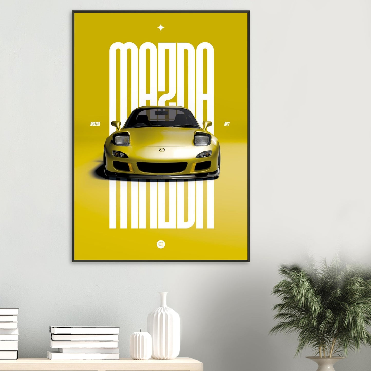 Framed Car Poster - Mazda RX7 - Yellow Pop up