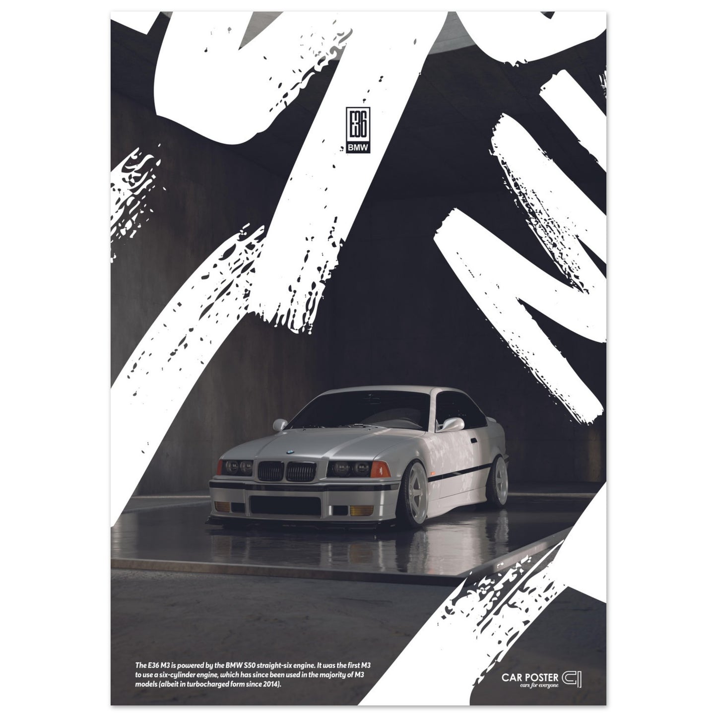 Car Poster - BMW E36 M3 Graffiti - White