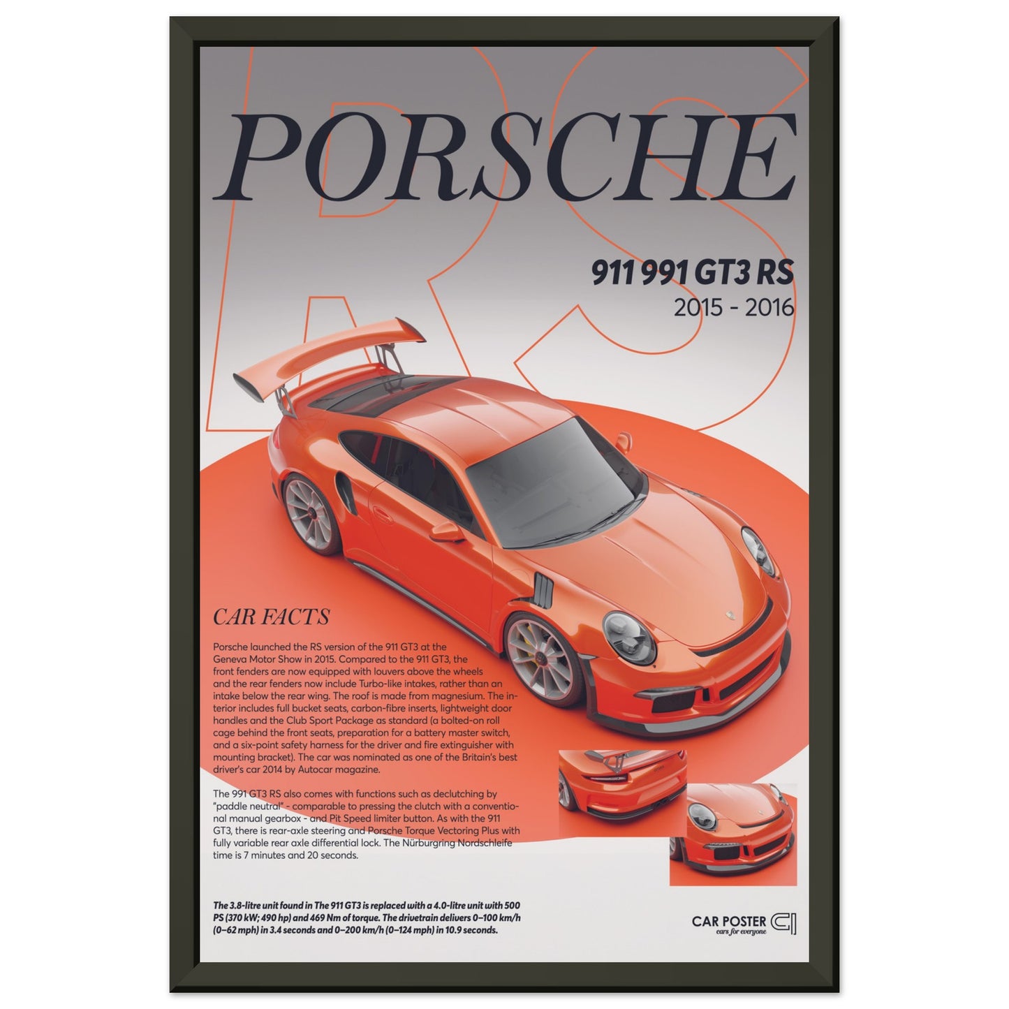 Framed Car Poster - Porsche 911 991 GT3 RS - Lava Orange