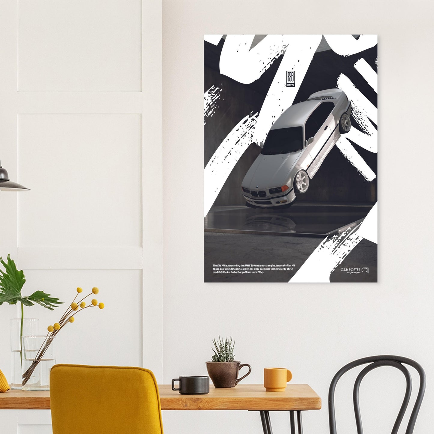 Car Poster - BMW E36 M3 Flying Graffiti - White