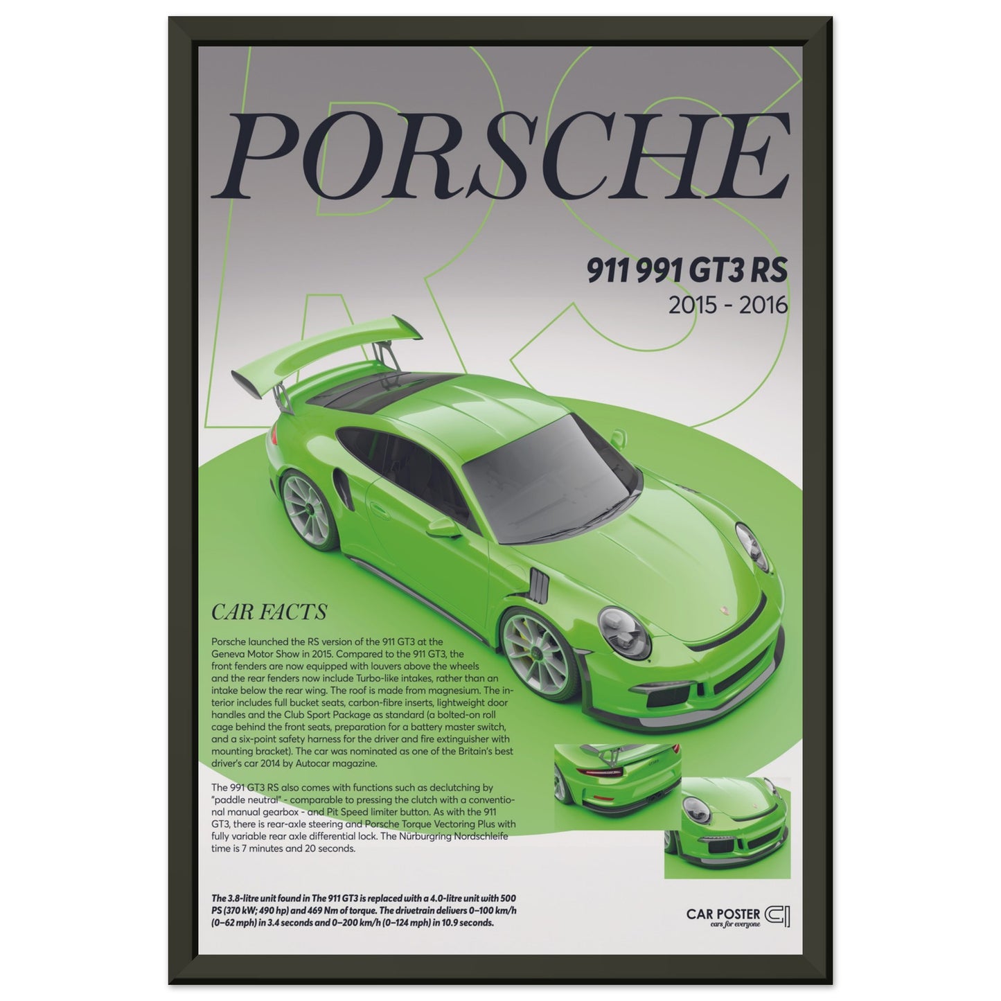 Framed Car Poster - Porsche 911 991 GT3 RS - Lizard Green
