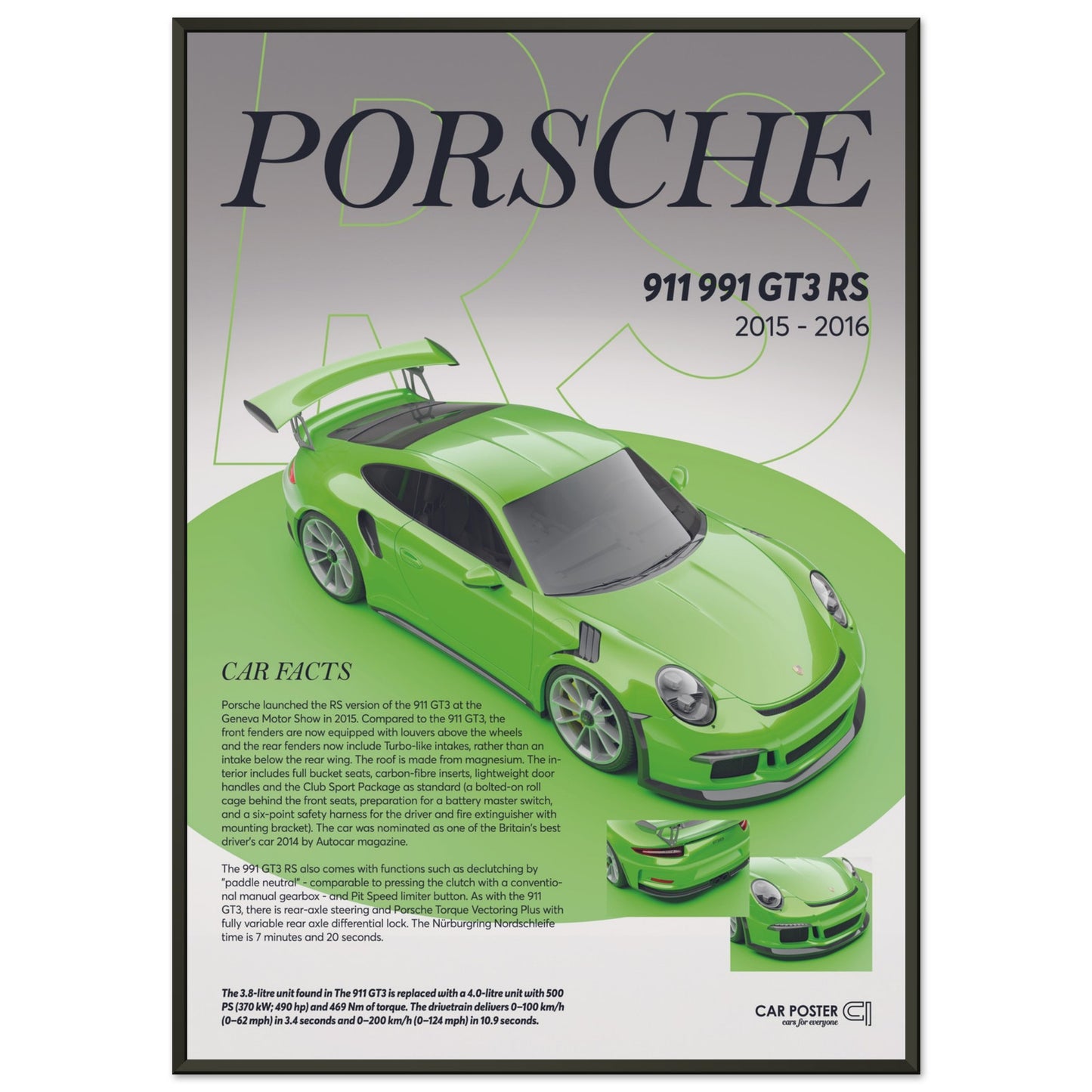 Framed Car Poster - Porsche 911 991 GT3 RS - Lizard Green