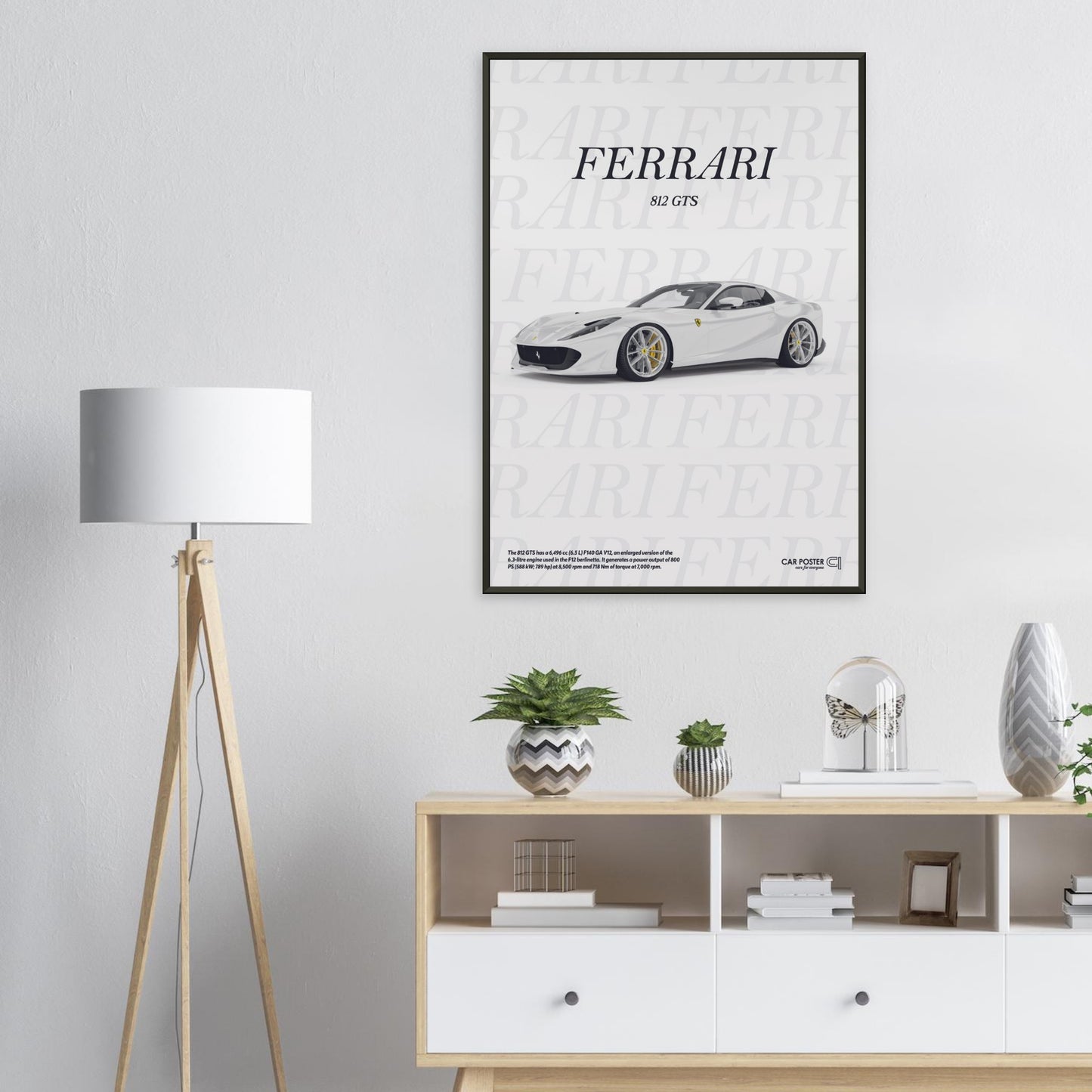 Framed Car Poster - Ferrari 812 GTS Typography - White