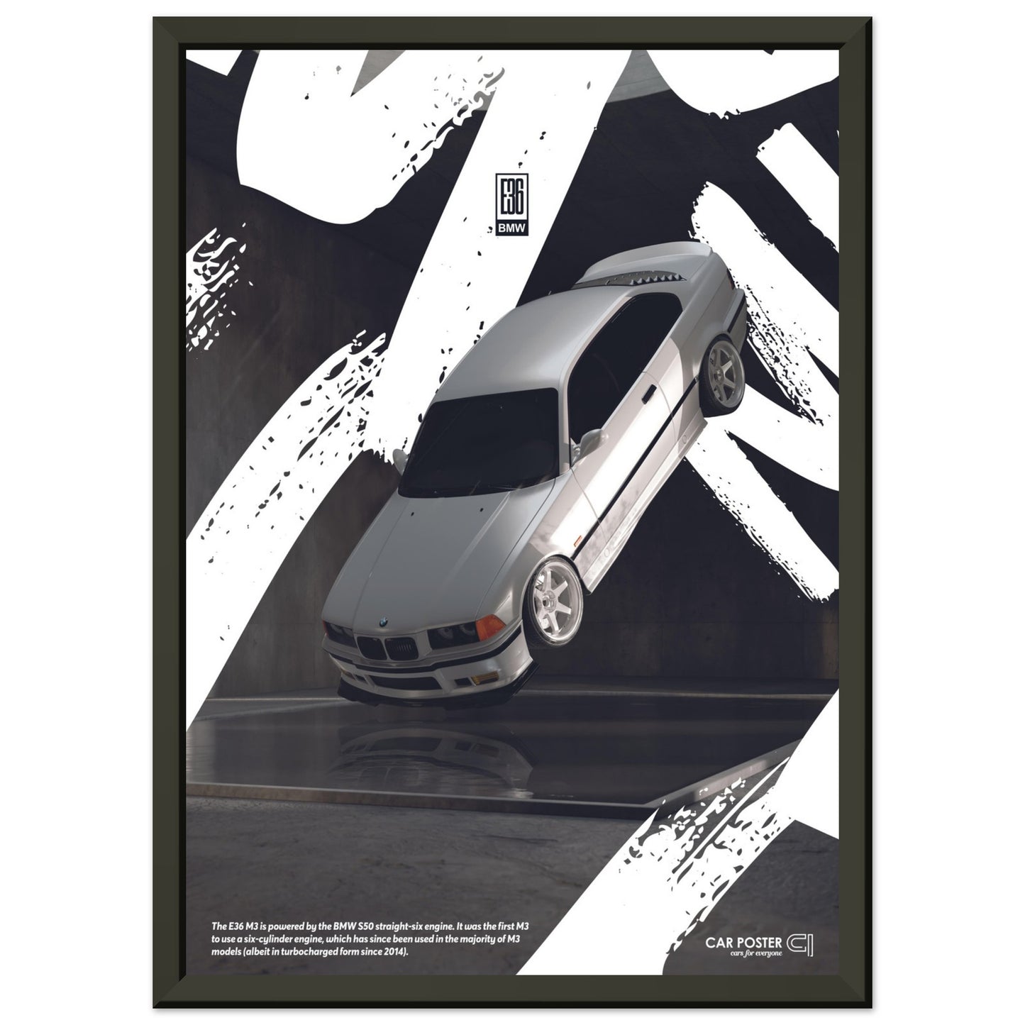 Framed Car Poster - BMW E36 M3 Flying Graffiti - White