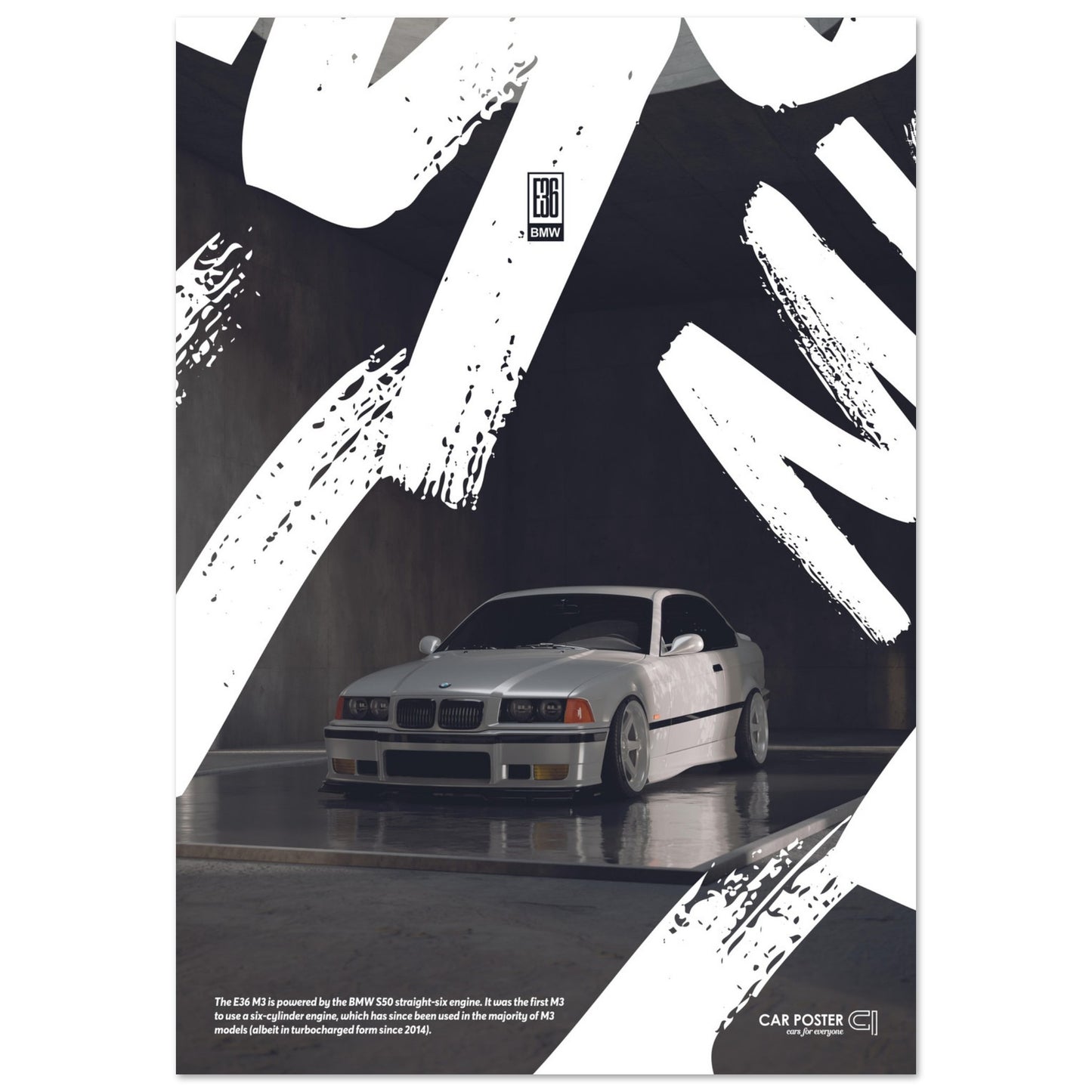 Car Poster - BMW E36 M3 Graffiti - White