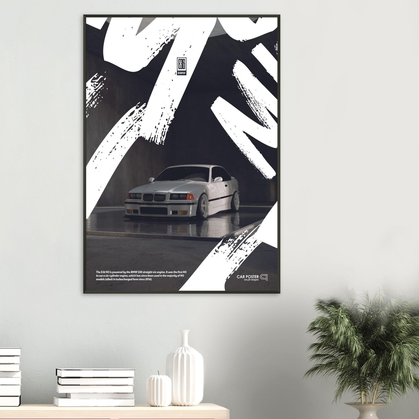 Framed Car Poster - BMW E36 M3 Graffiti - White