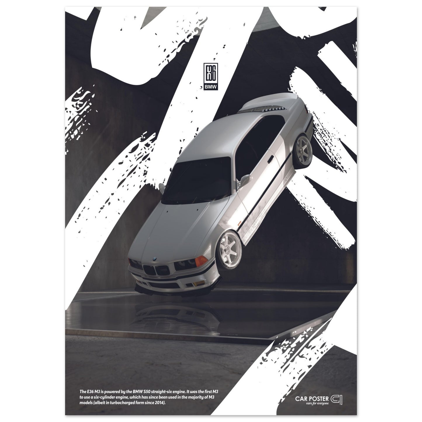 Car Poster - BMW E36 M3 Flying Graffiti - White