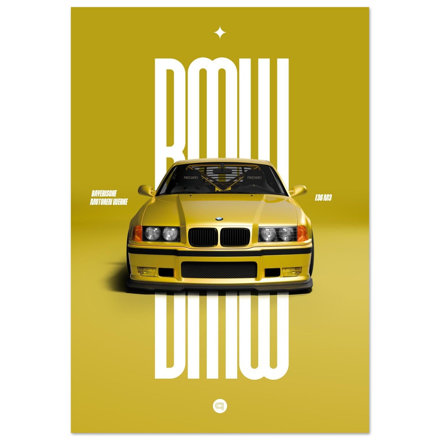 Car Poster - BMW E36 - Yellow