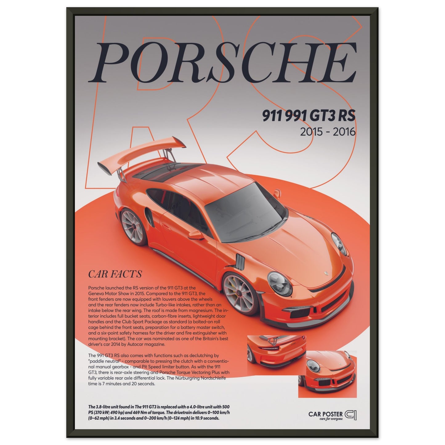 Framed Car Poster - Porsche 911 991 GT3 RS - Lava Orange