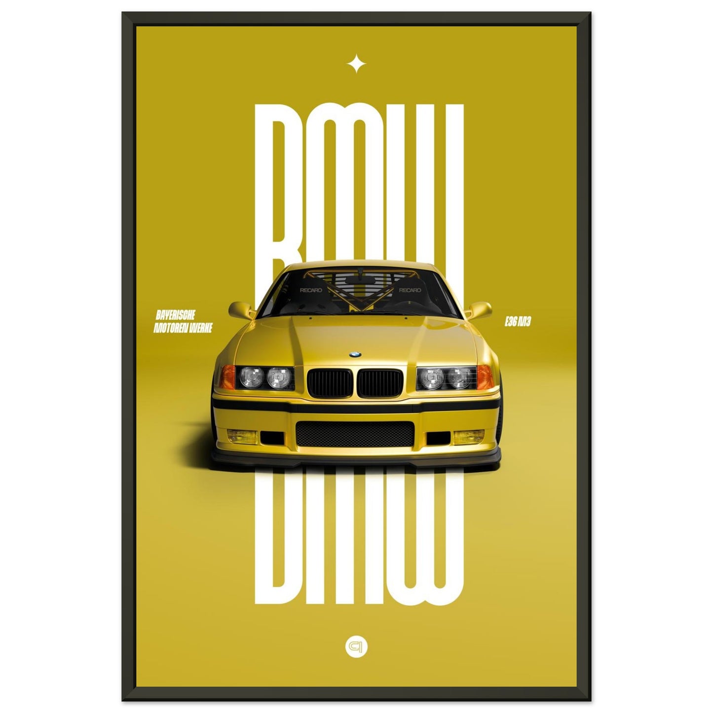 Framed Car Poster - BMW E36 - Yellow