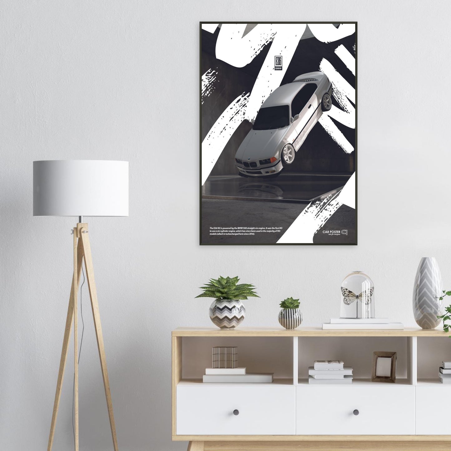 Framed Car Poster - BMW E36 M3 Flying Graffiti - White