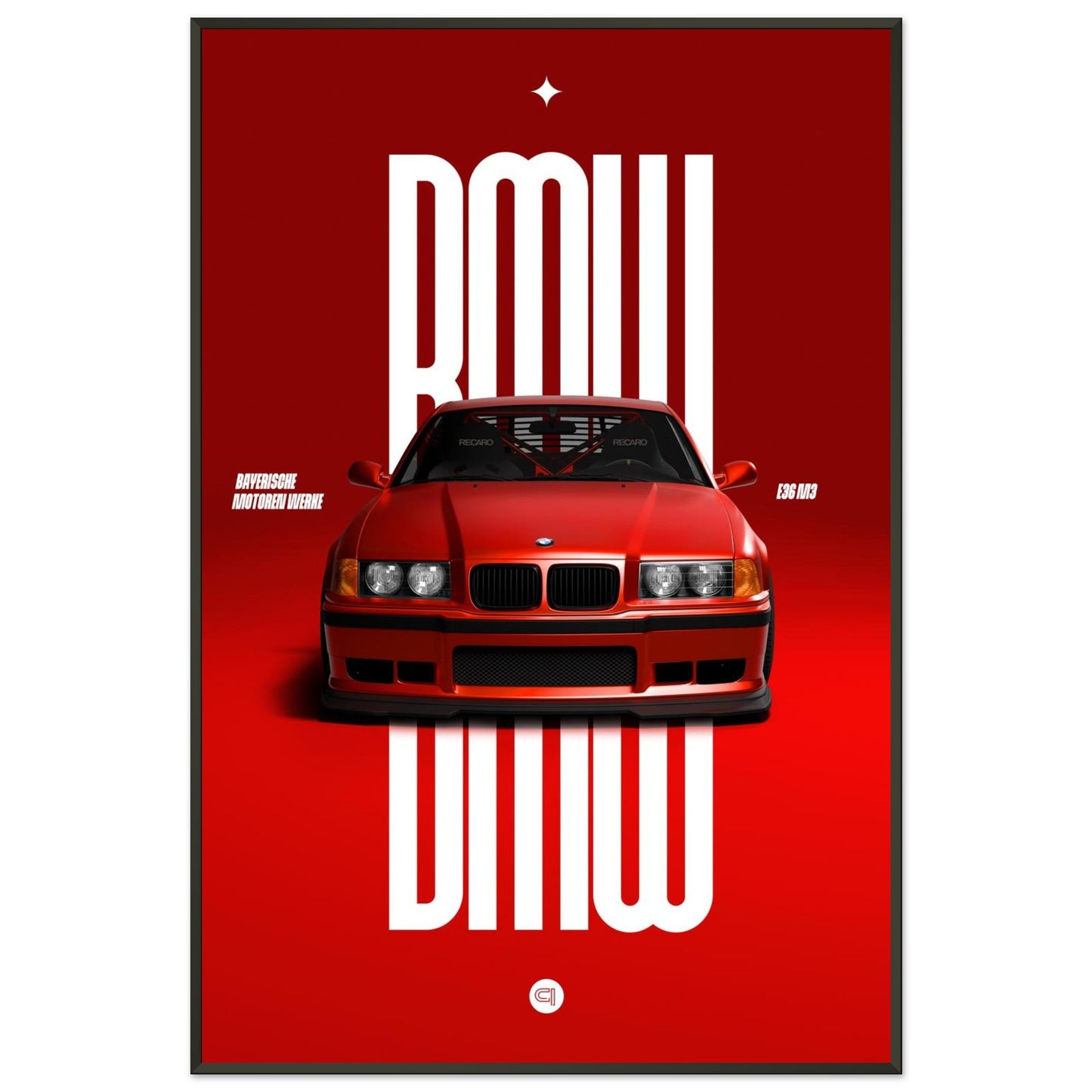 Framed Car Poster - BMW E36 - Red