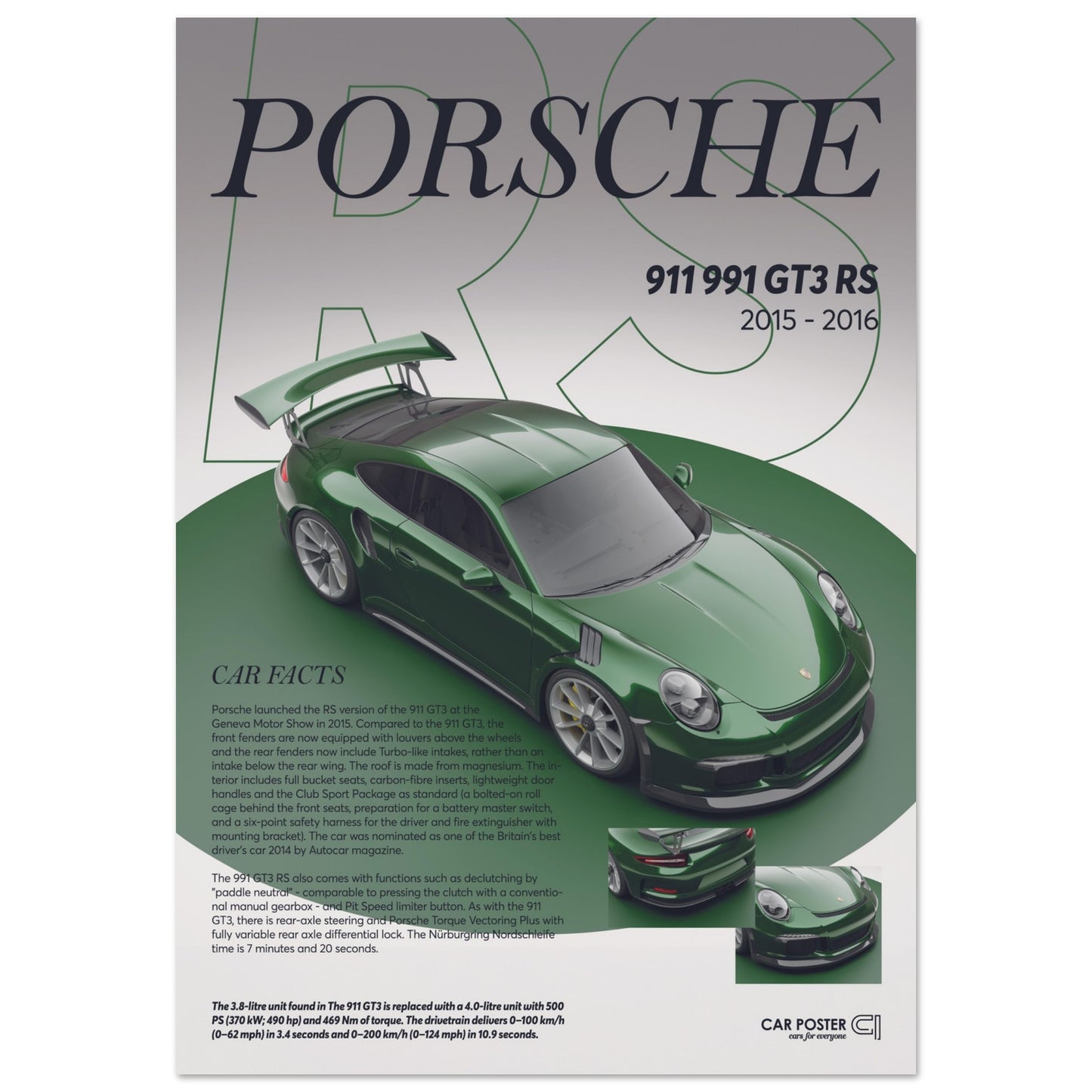 Car Poster - Porsche 911 991 GT3 RS - British Racing Green