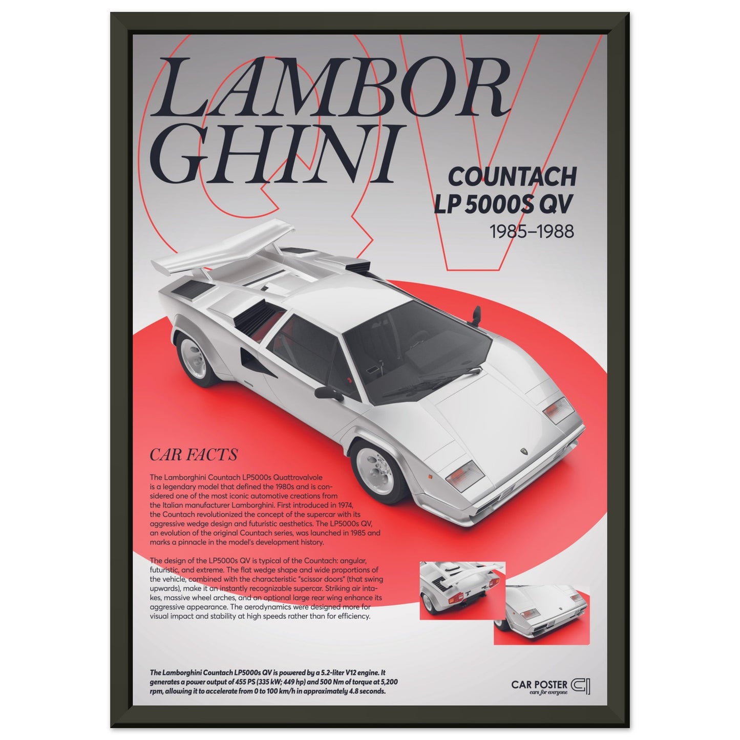 Framed Car Poster - Lamborghini Countach LP 5000S QV - White