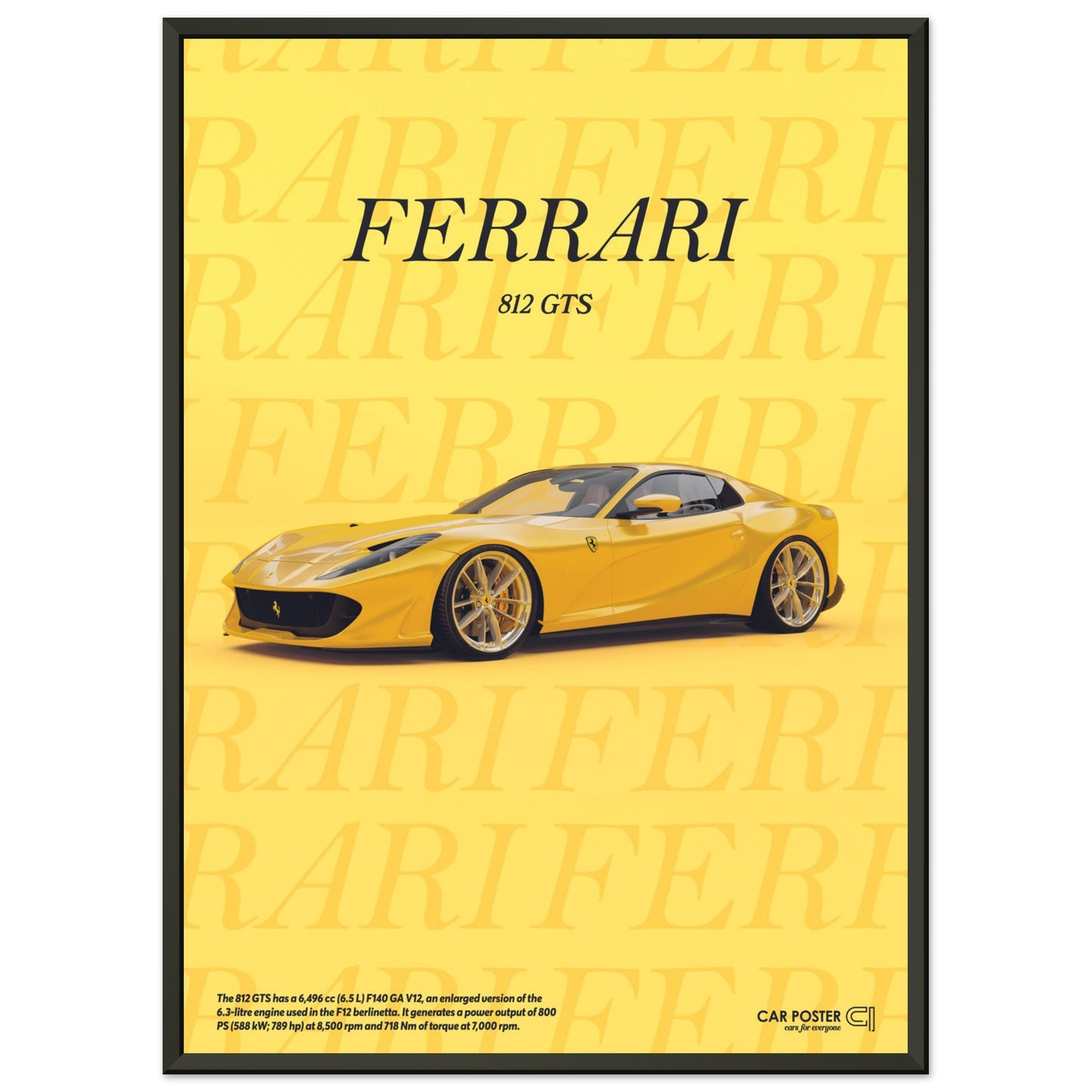 Framed Car Poster - Ferrari 812 GTS Typography - Yellow