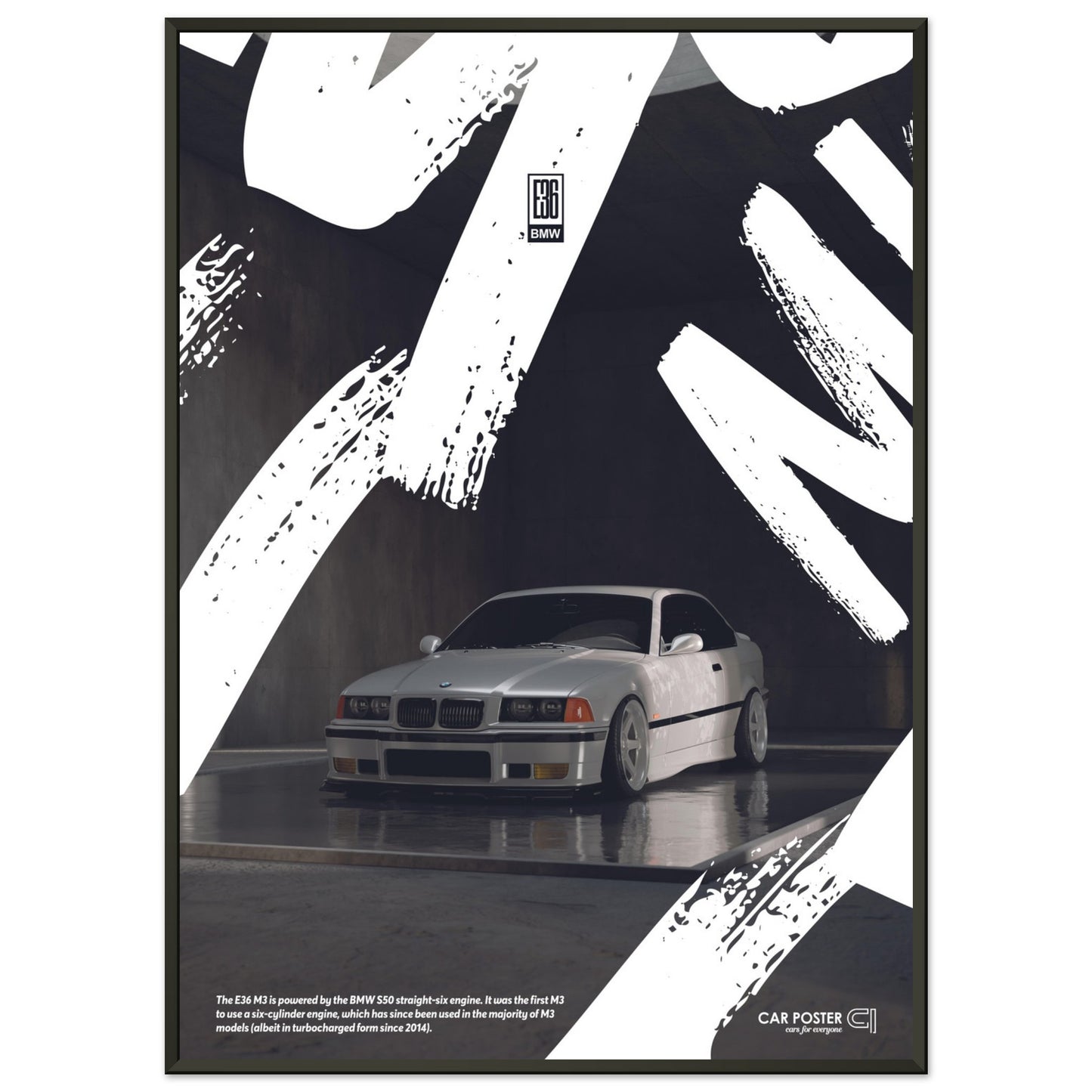 Framed Car Poster - BMW E36 M3 Graffiti - White