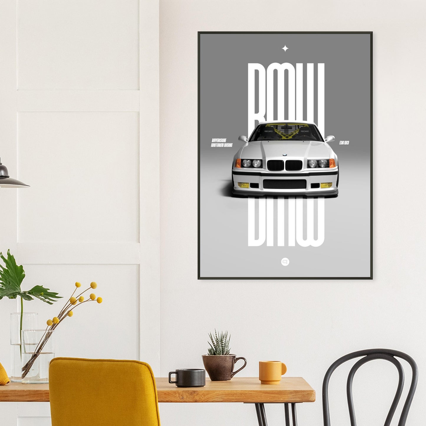 Framed Car Poster - BMW E36 - White