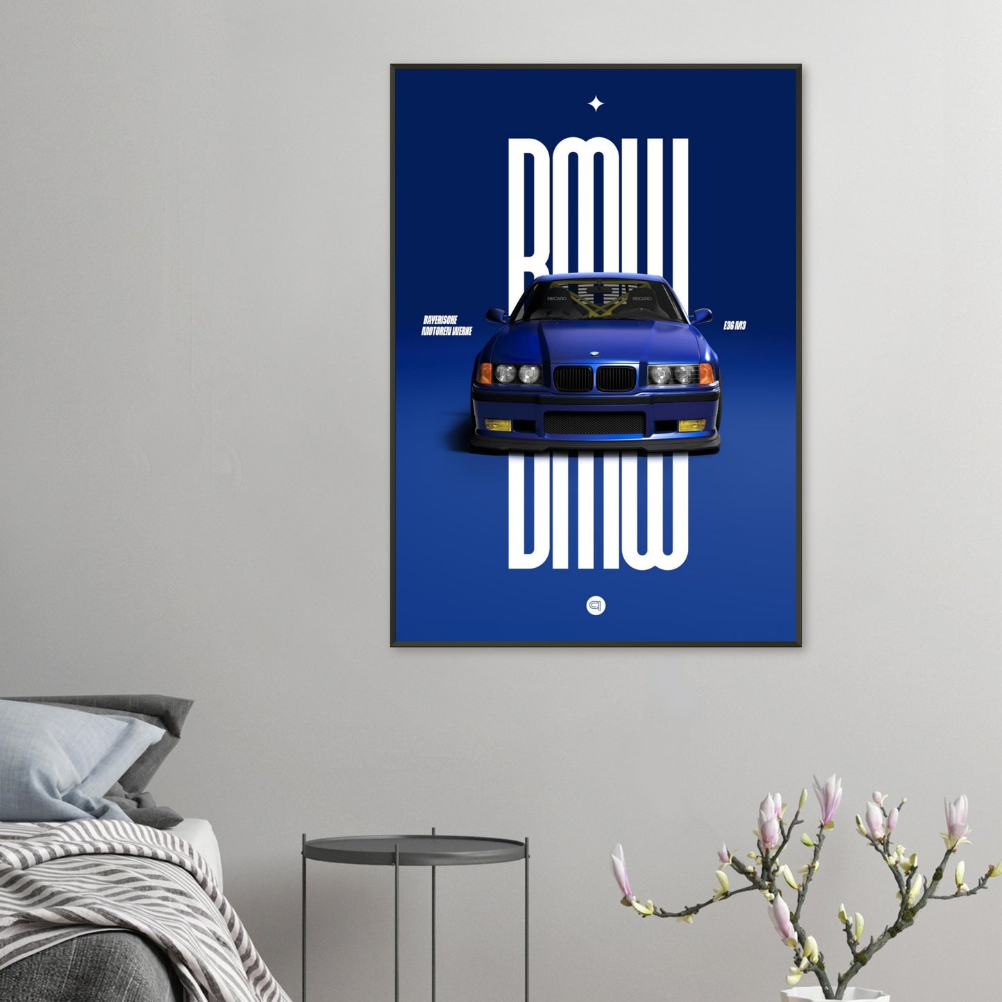 Framed Car Poster - BMW E36 - Blue