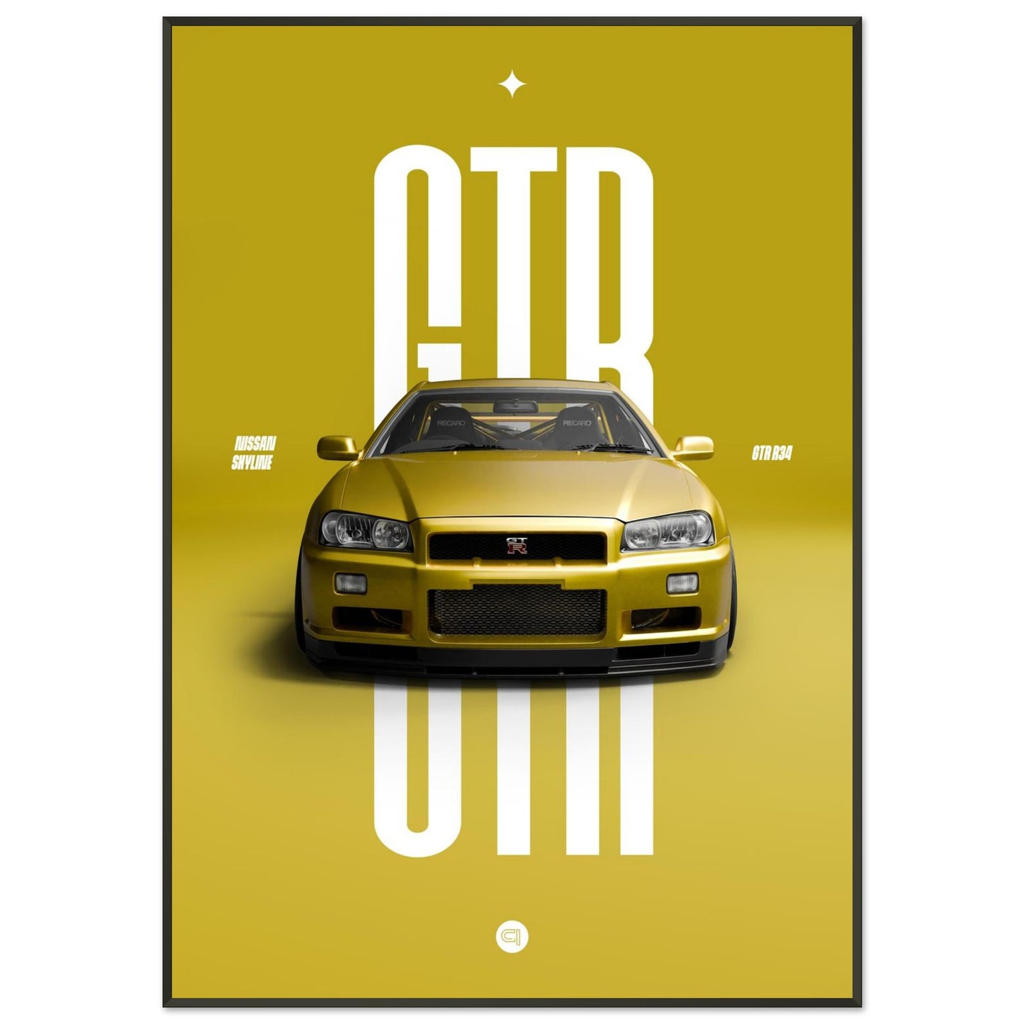 Framed Car Poster - Nissan Skyline GTR R34 - Yellow