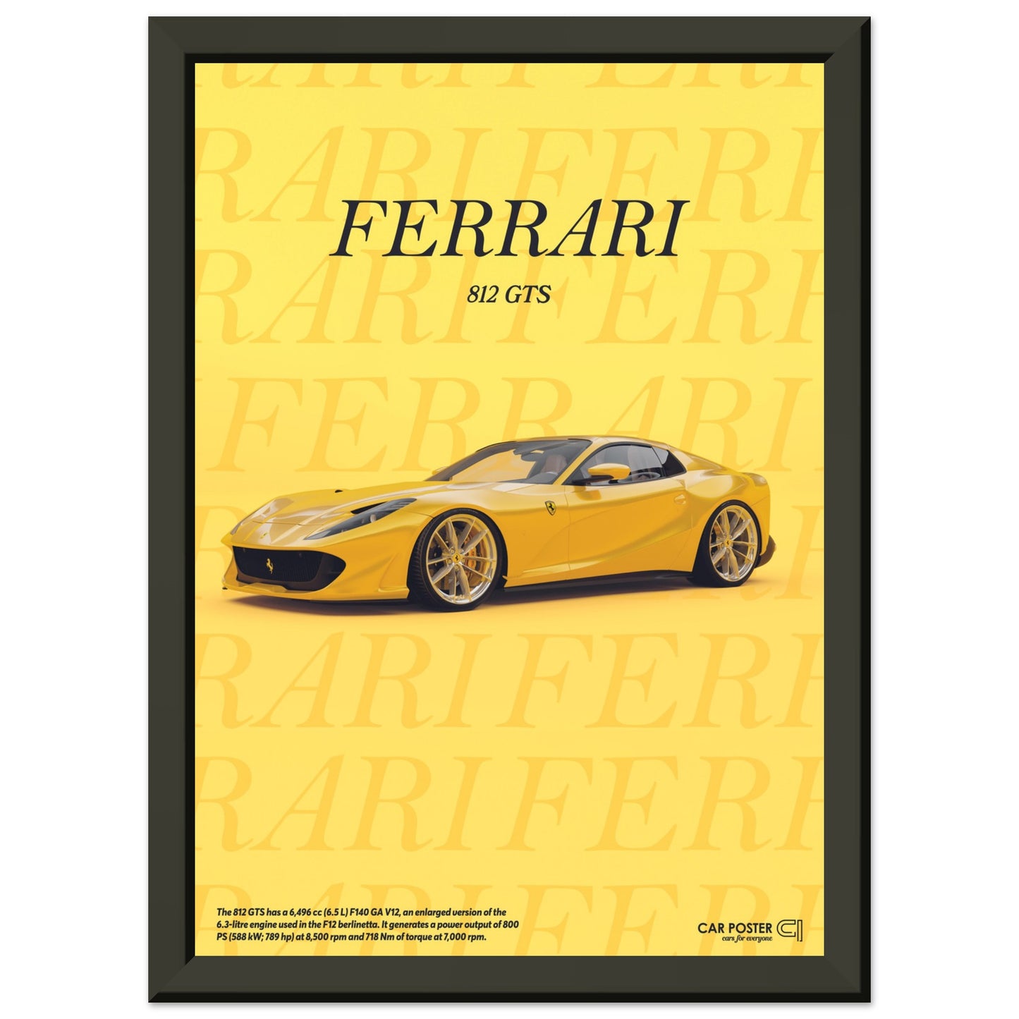 Framed Car Poster - Ferrari 812 GTS Typography - Yellow