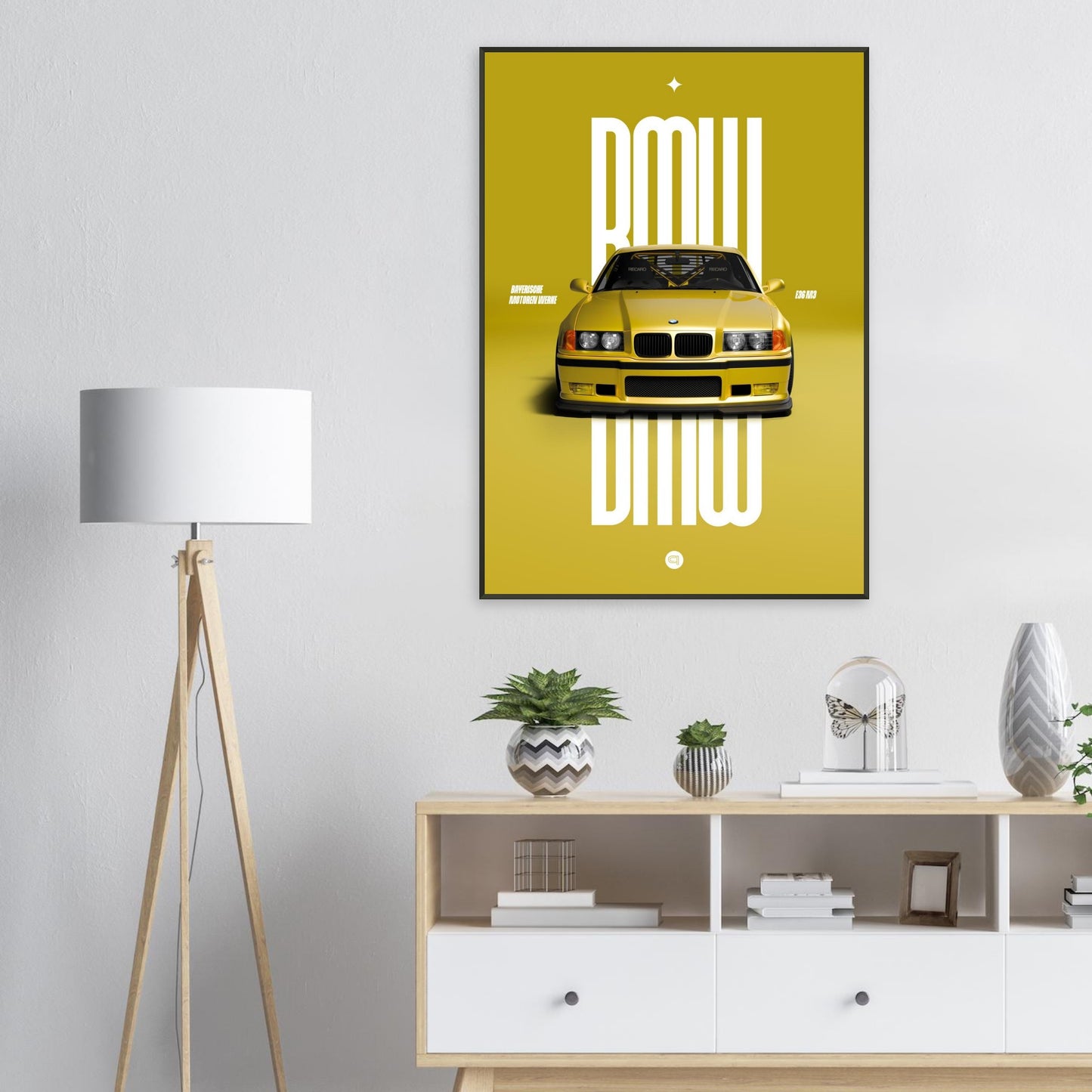 Framed Car Poster - BMW E36 - Yellow