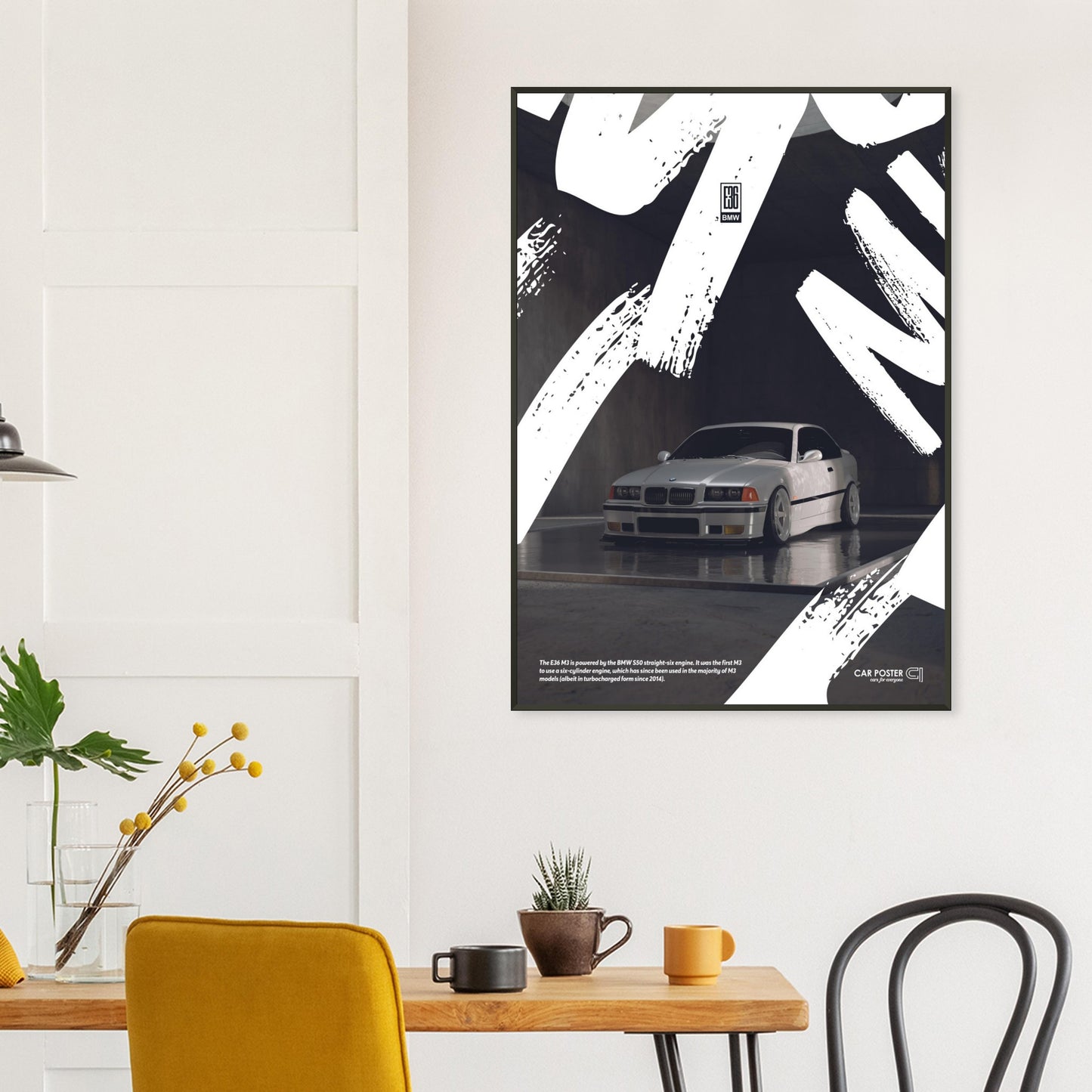 Framed Car Poster - BMW E36 M3 Graffiti - White
