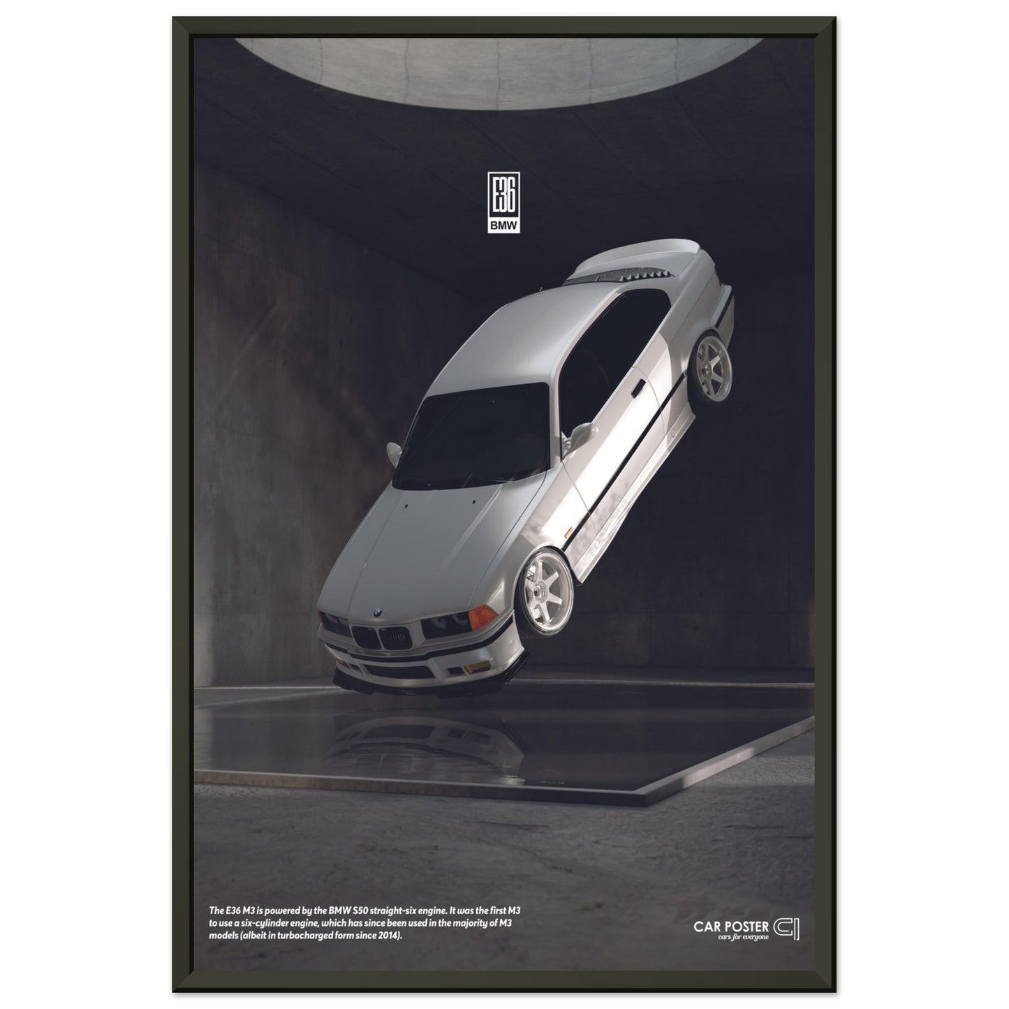 Framed Car Poster - BMW E36 M3 Flying - White