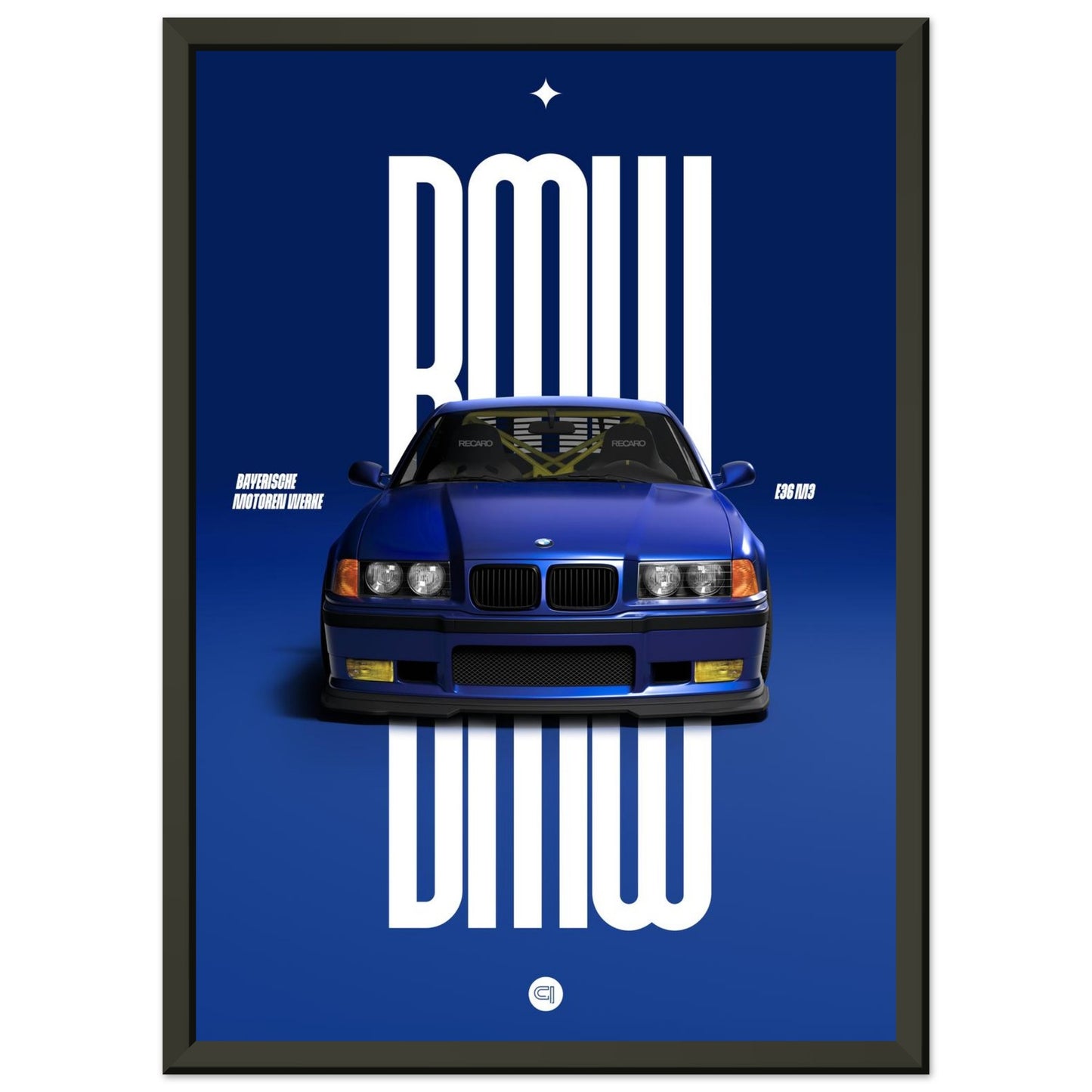 Framed Car Poster - BMW E36 - Blue