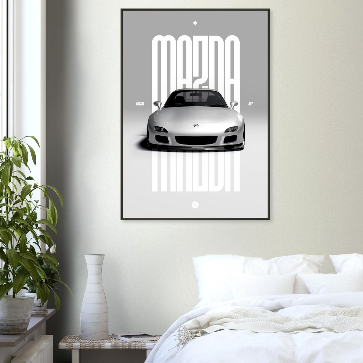 Framed Car Poster - Mazda RX7 - White