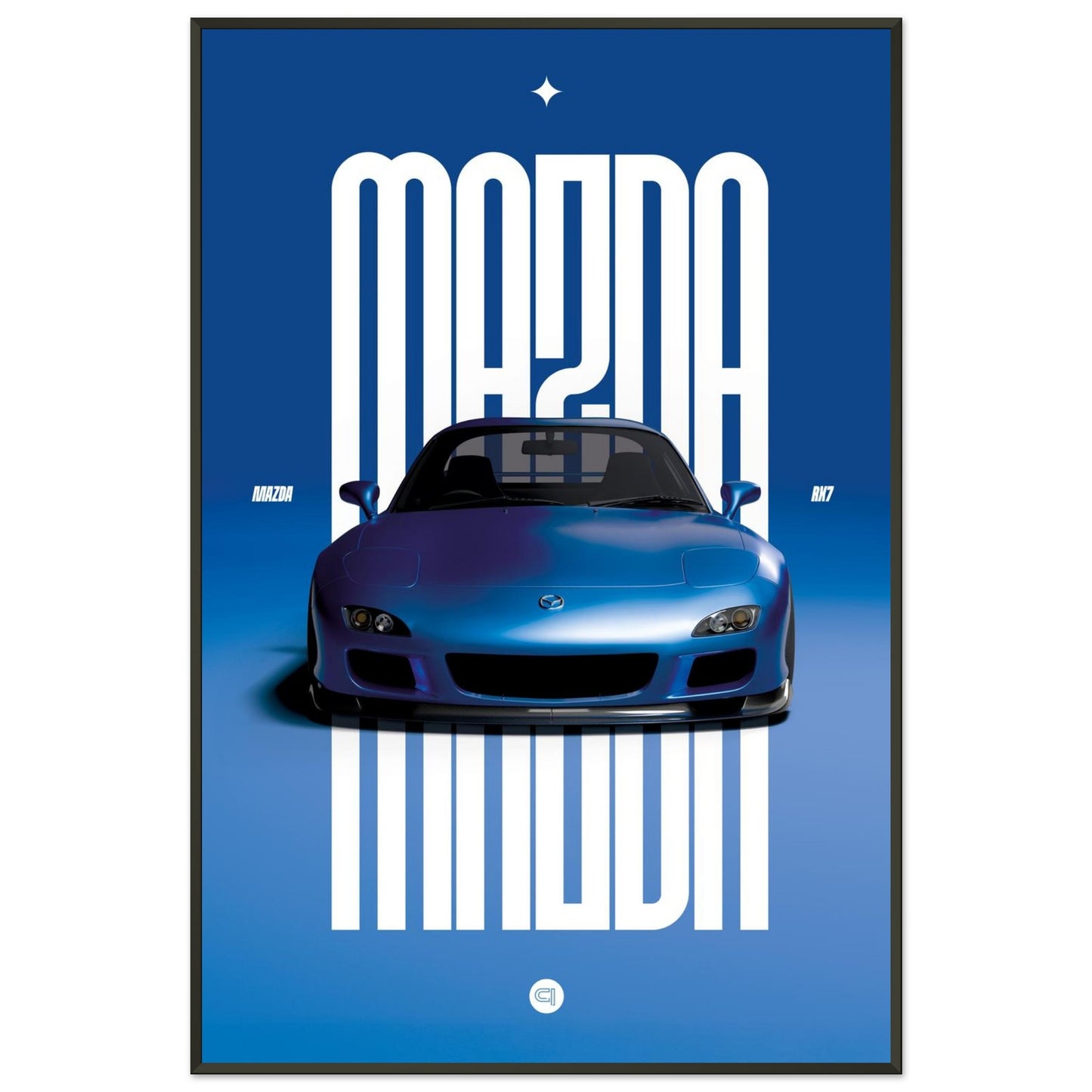 Framed Car Poster - Mazda RX7 - Blue