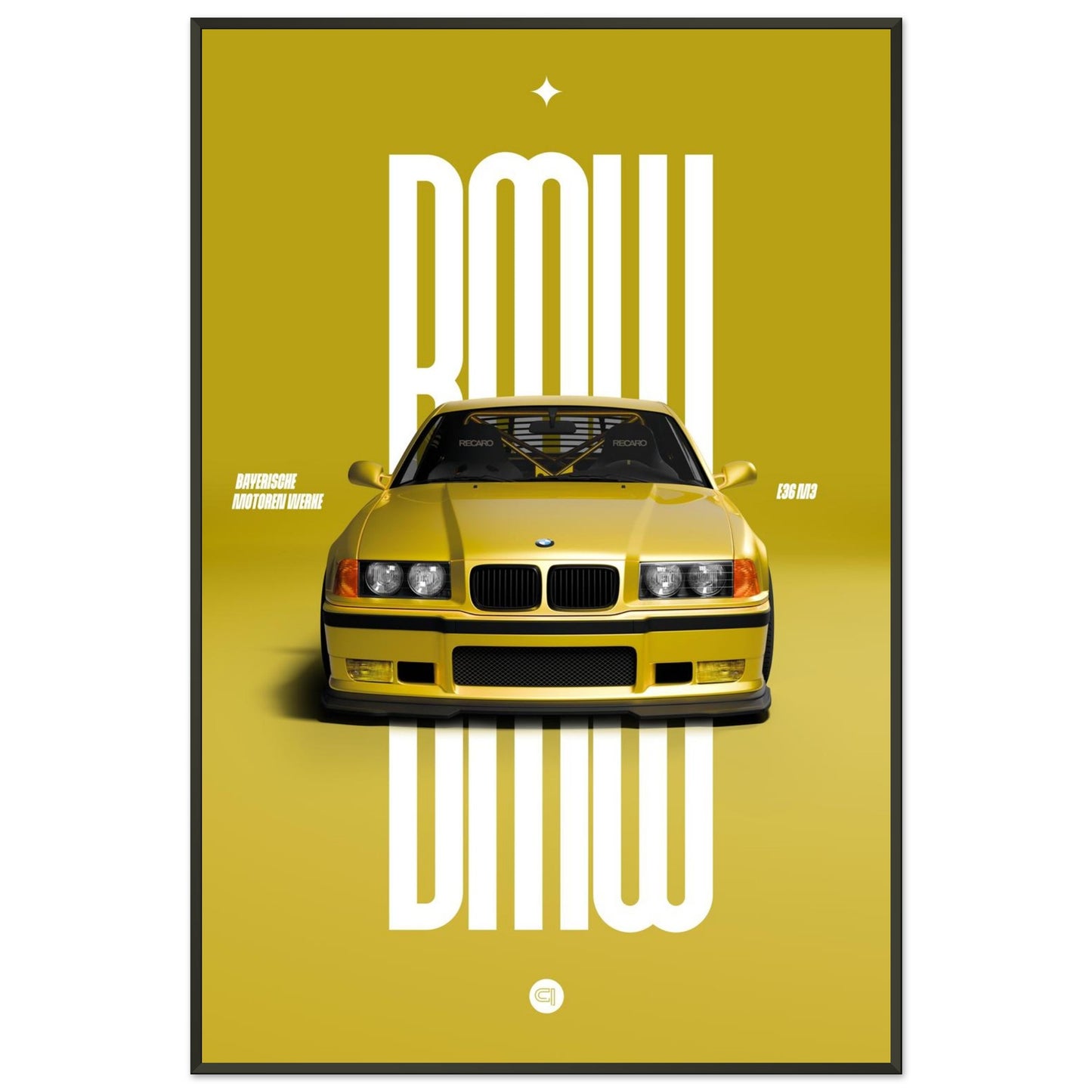Framed Car Poster - BMW E36 - Yellow