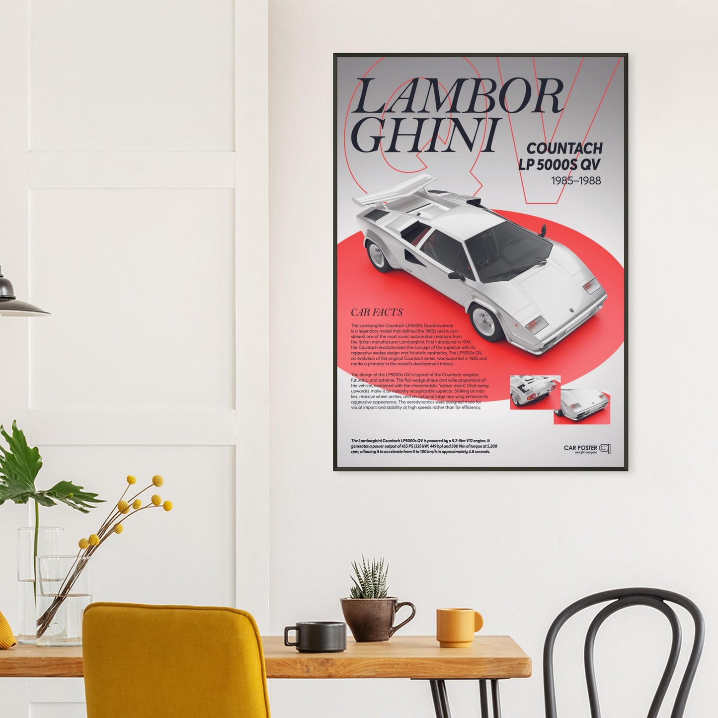 Framed Car Poster - Lamborghini Countach LP 5000S QV - White
