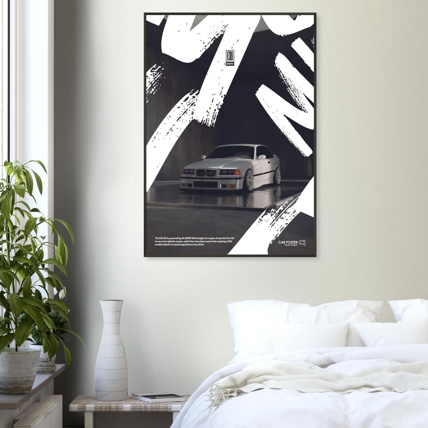 Framed Car Poster - BMW E36 M3 Graffiti - White