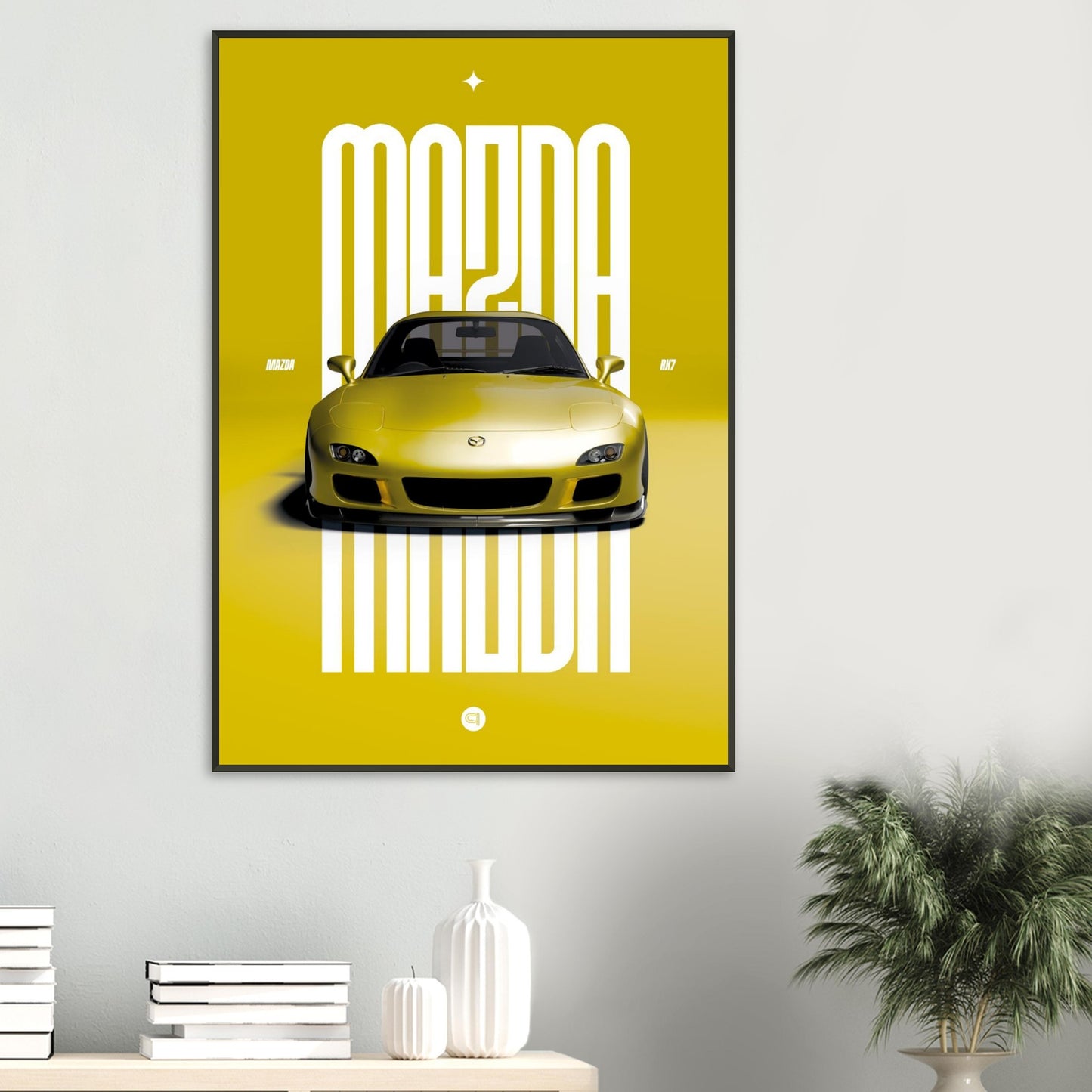 Framed Car Poster - Mazda RX7 - Yellow