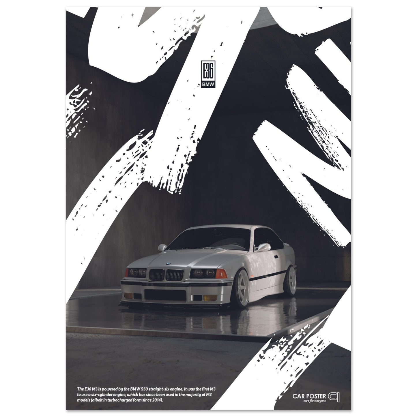 Car Poster - BMW E36 M3 Graffiti - White