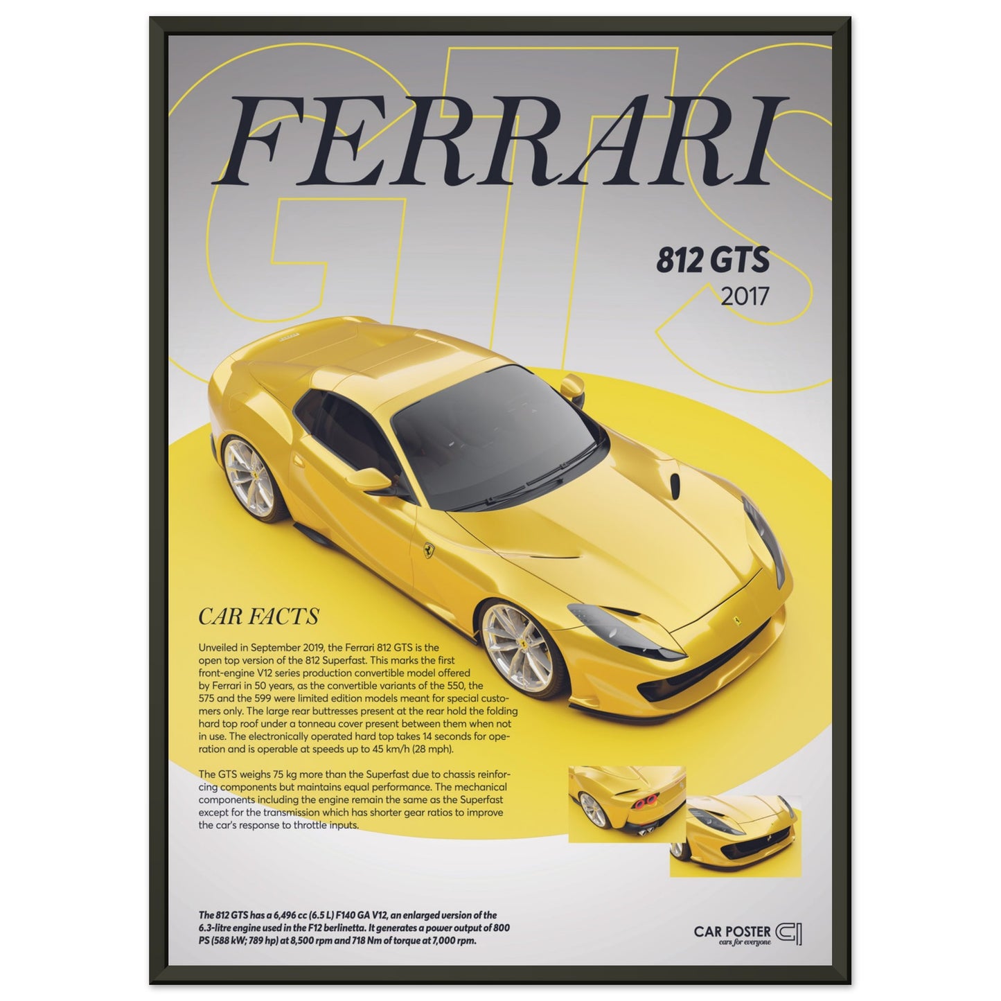 Framed Car Poster - Ferrari 812 GTS - Yellow