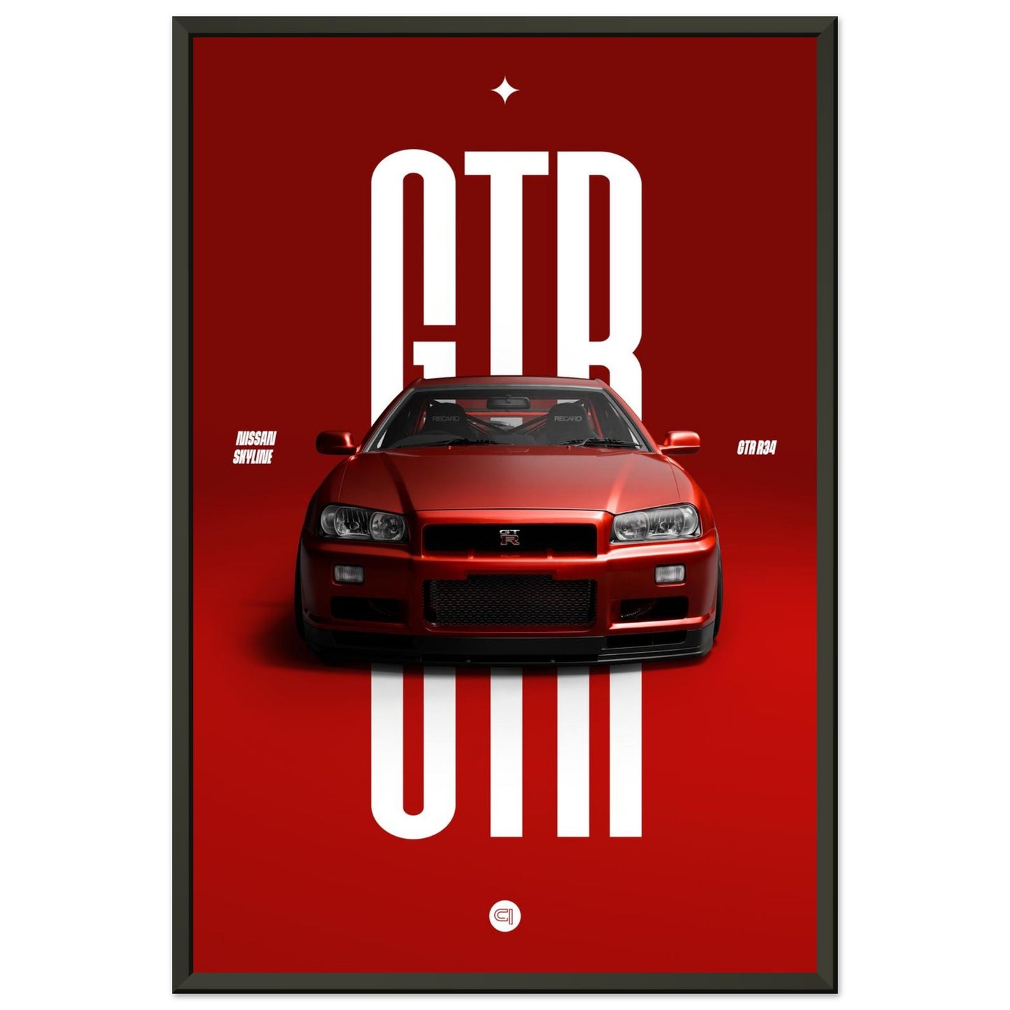 Framed Car Poster - Nissan Skyline GTR R34 - Red