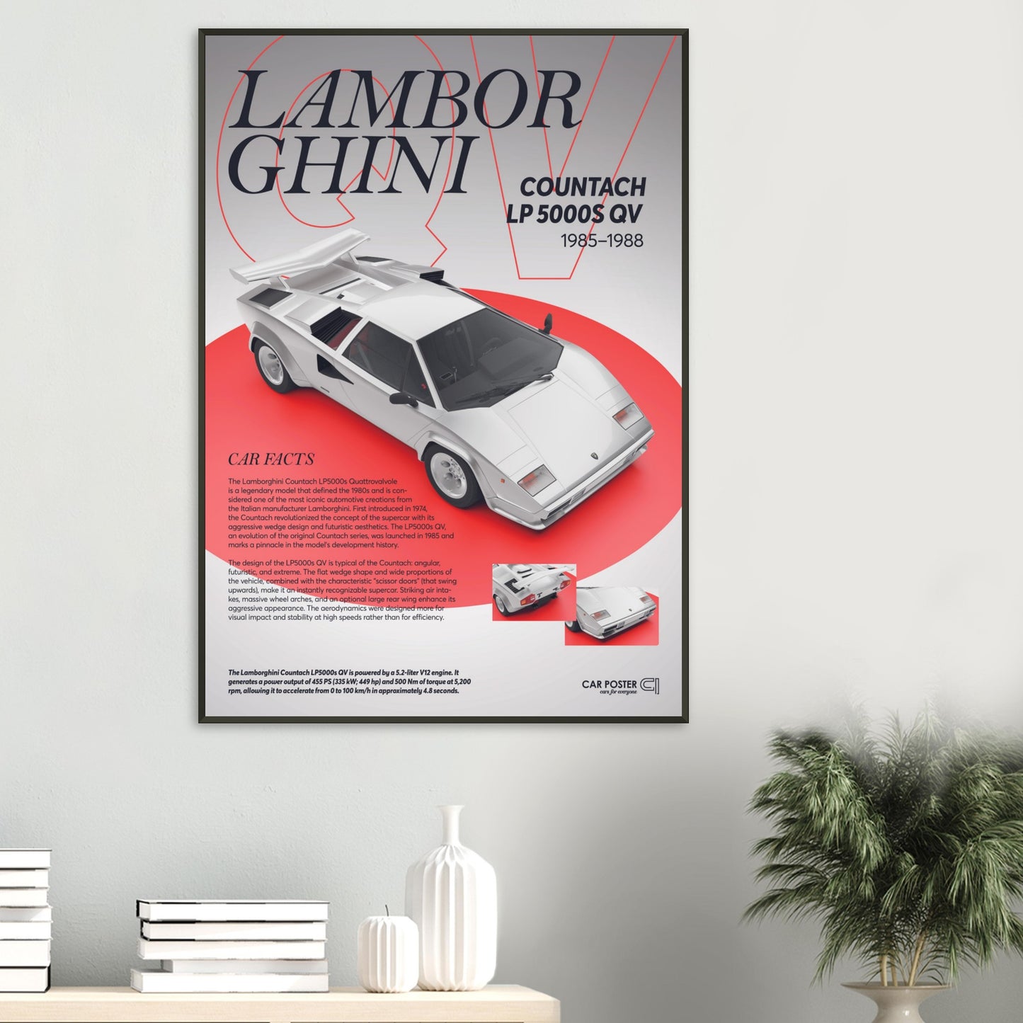 Framed Car Poster - Lamborghini Countach LP 5000S QV - White
