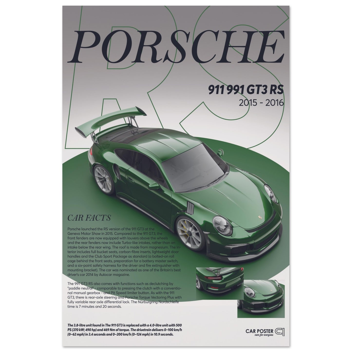 Car Poster - Porsche 911 991 GT3 RS - British Racing Green