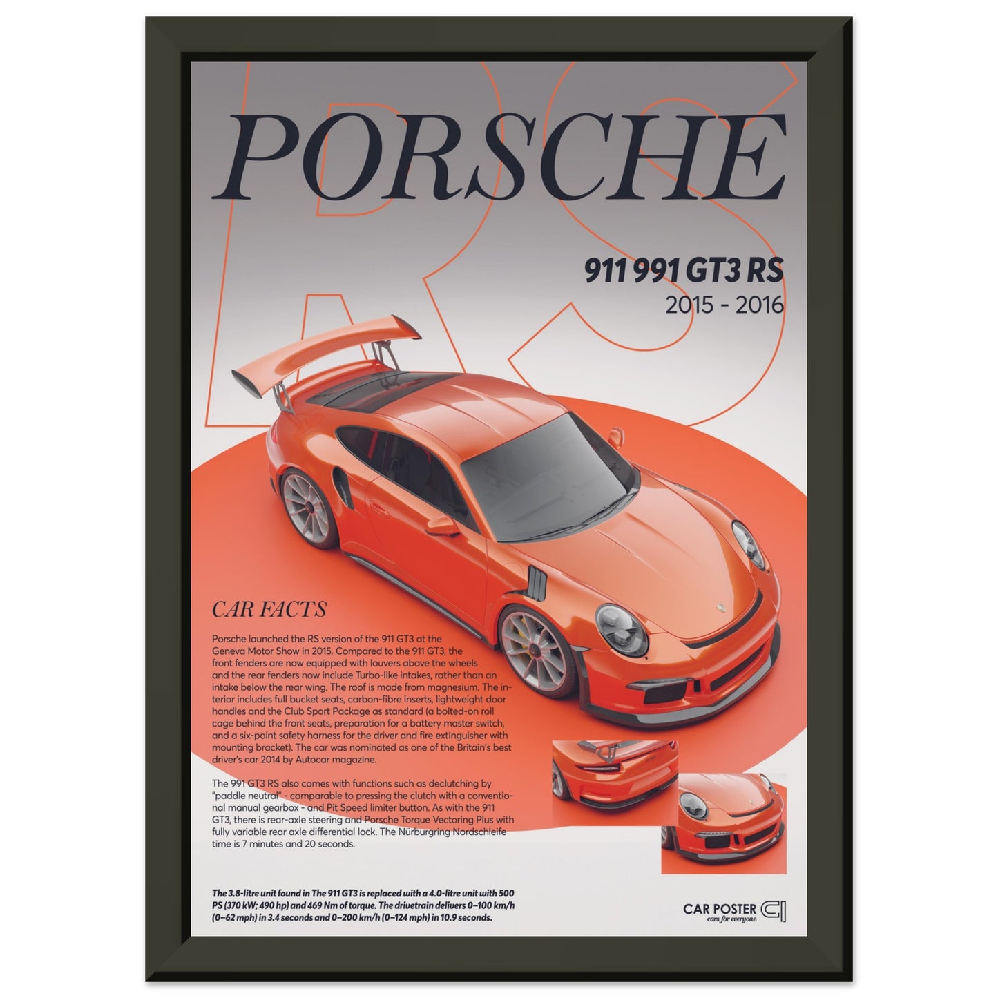 Framed Car Poster - Porsche 911 991 GT3 RS - Lava Orange
