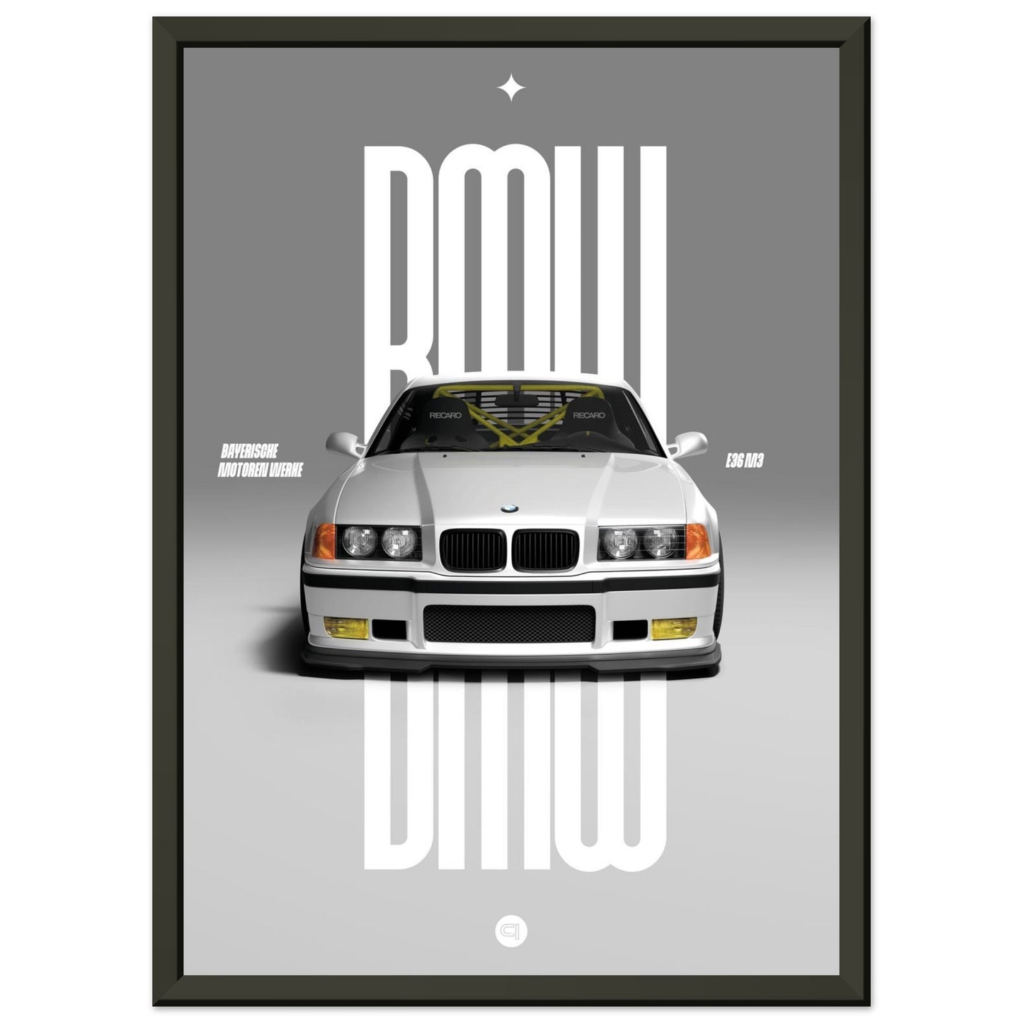 Framed Car Poster - BMW E36 - White