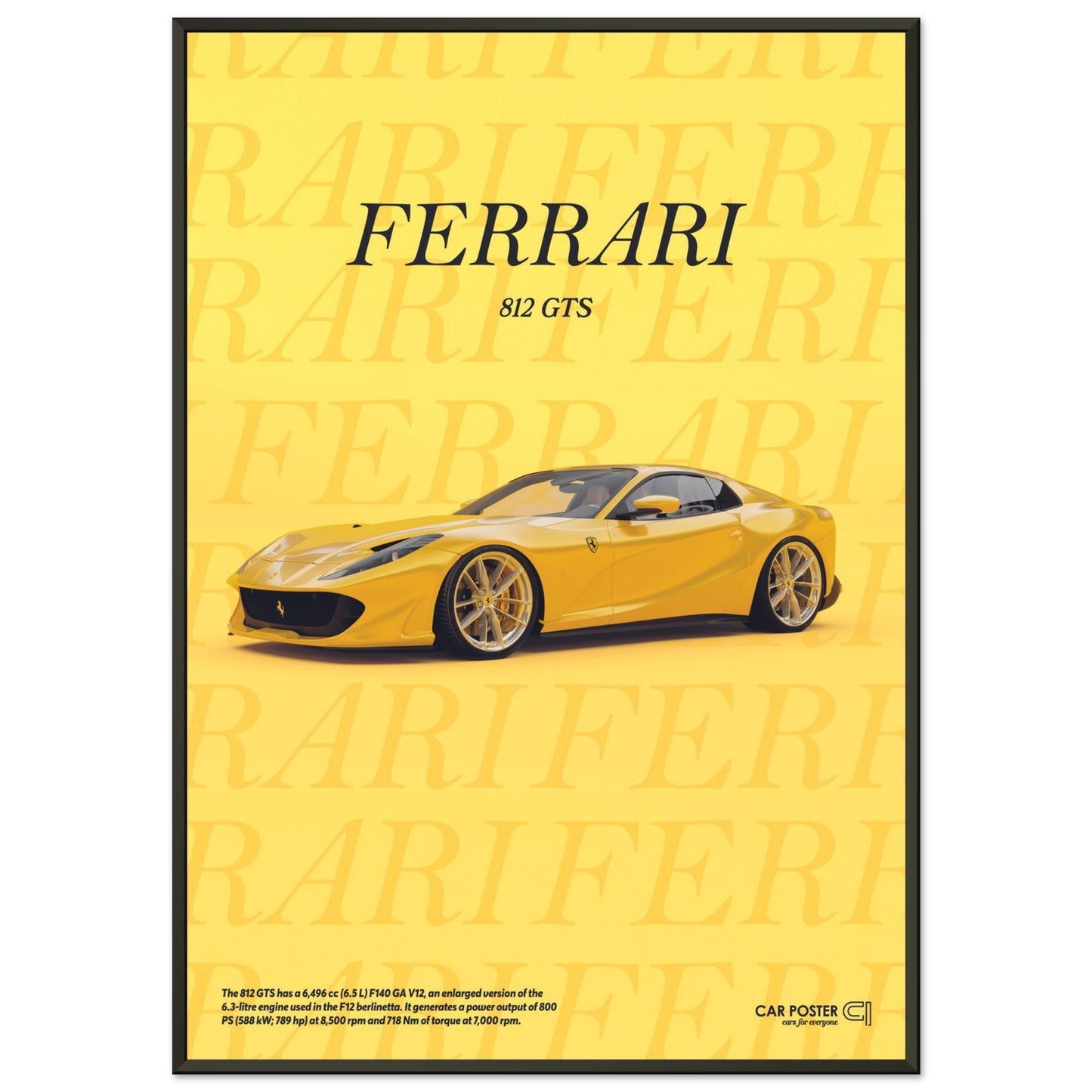 Framed Car Poster - Ferrari 812 GTS Typography - Yellow