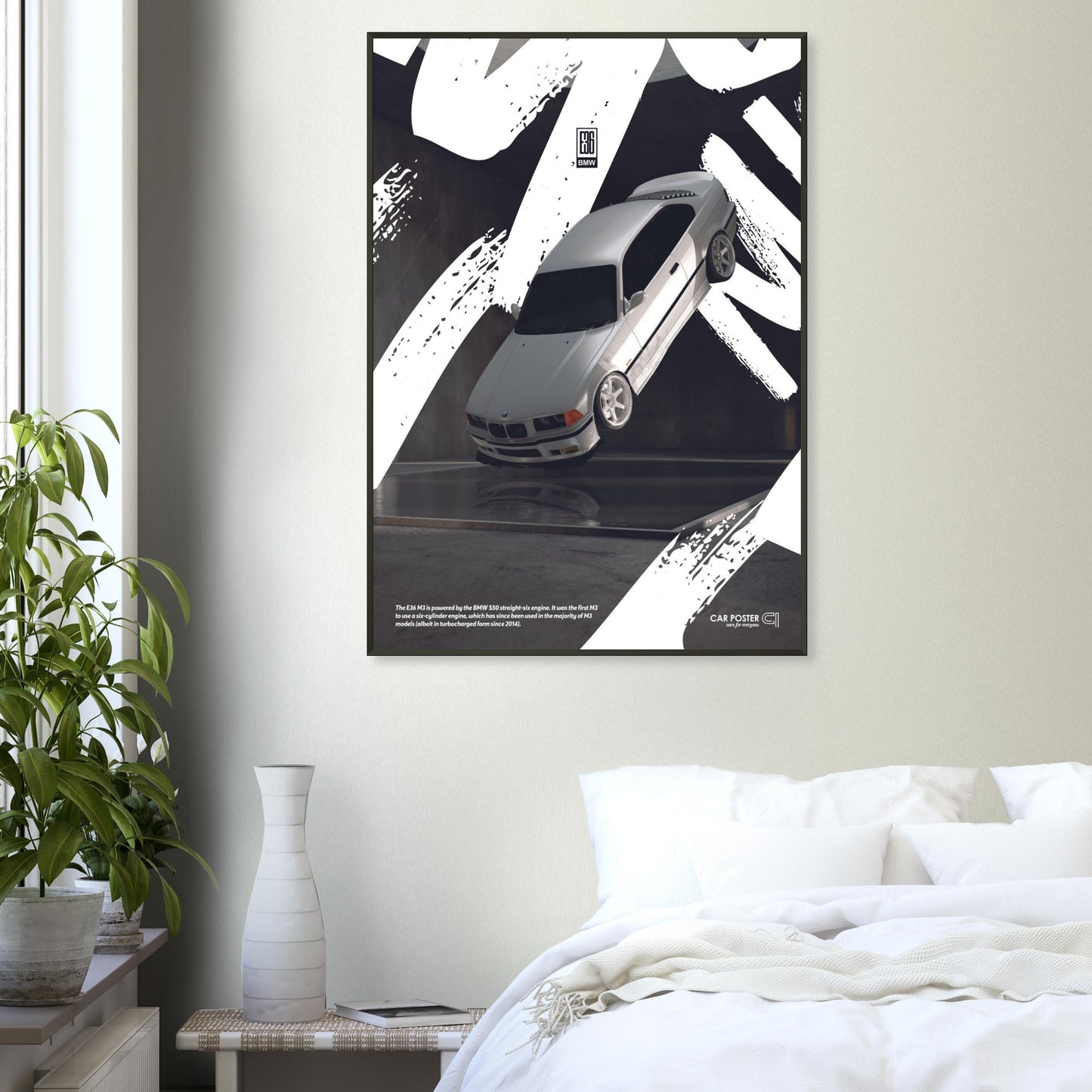 Framed Car Poster - BMW E36 M3 Flying Graffiti - White