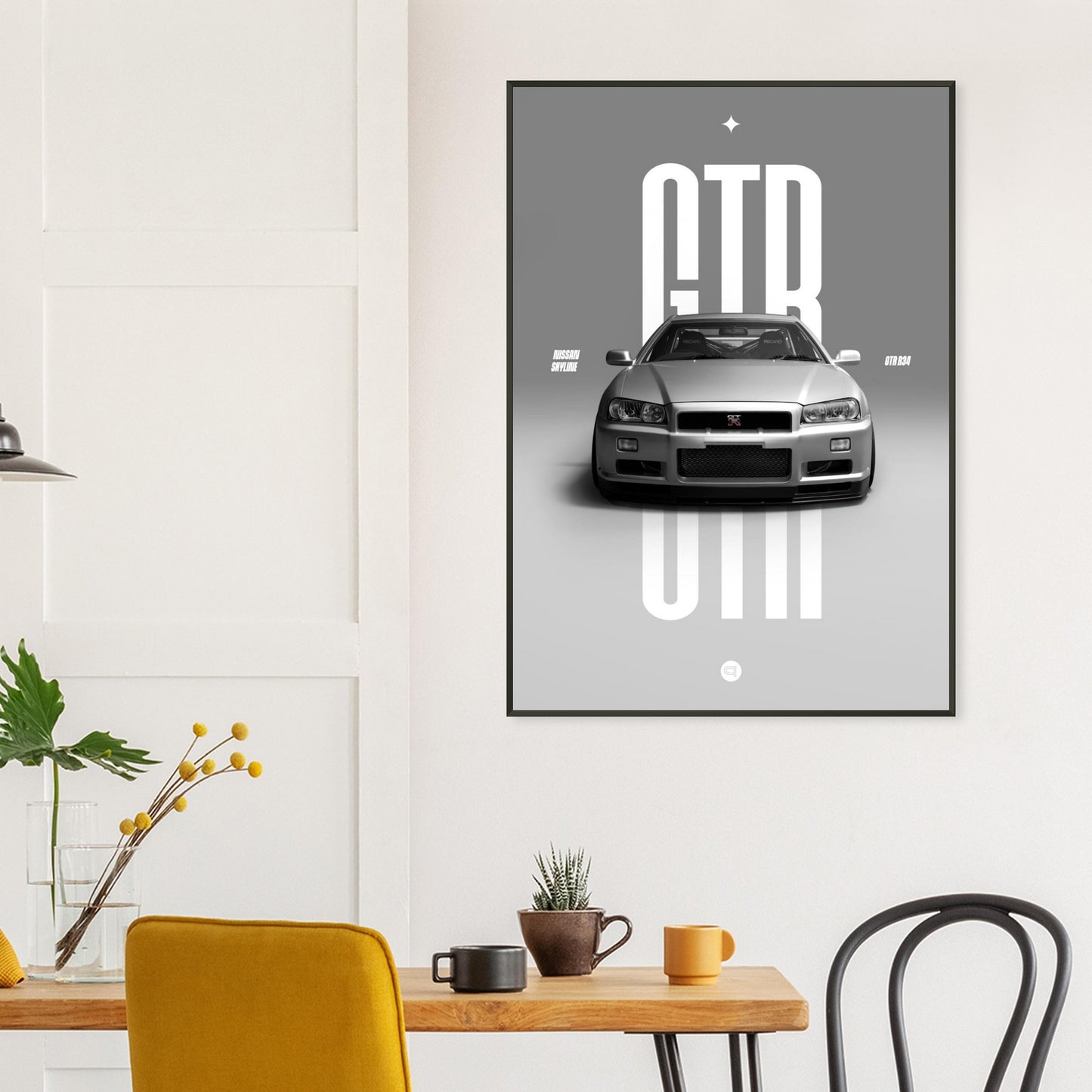 Framed Car Poster - Nissan Skyline GTR R34 - White
