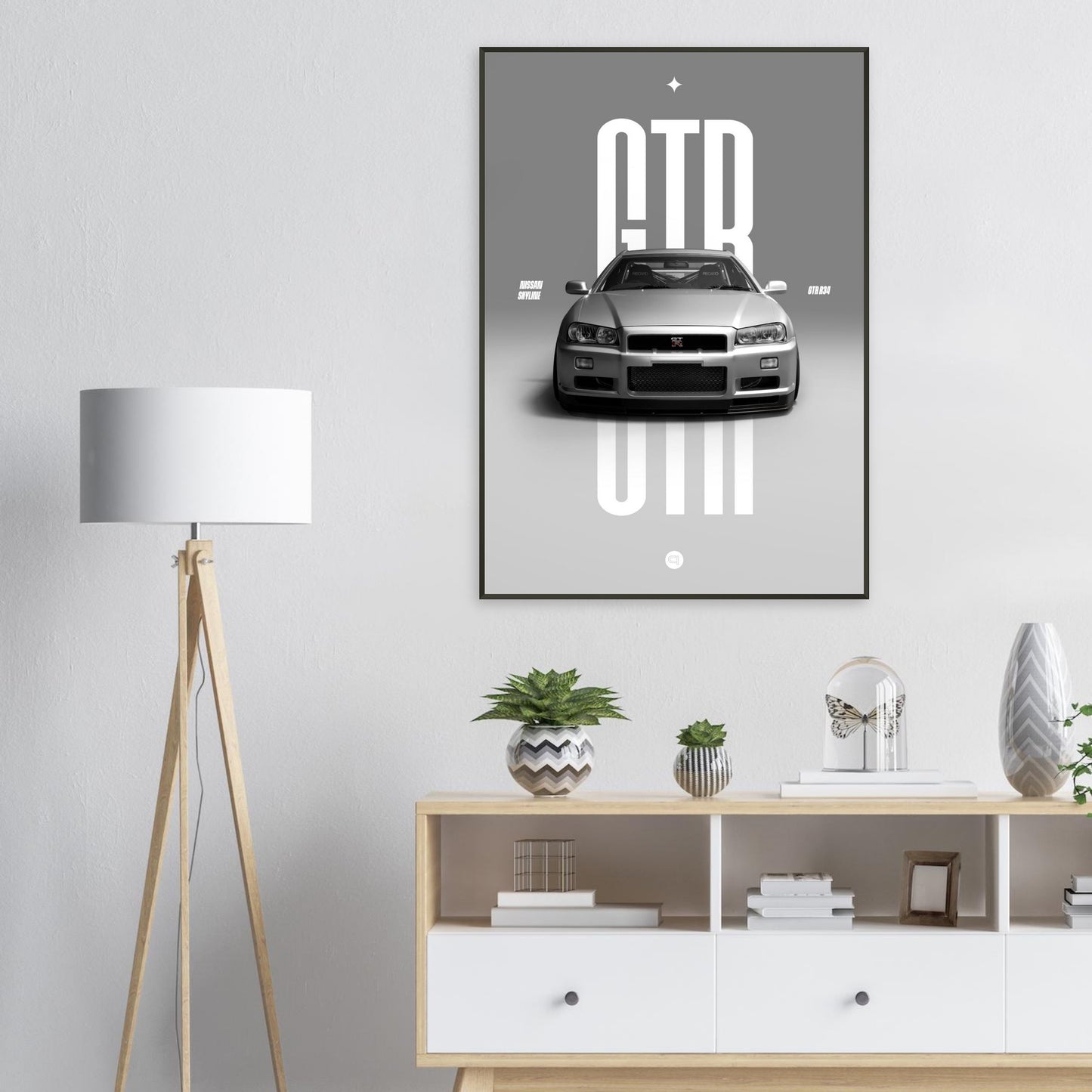Framed Car Poster - Nissan Skyline GTR R34 - White