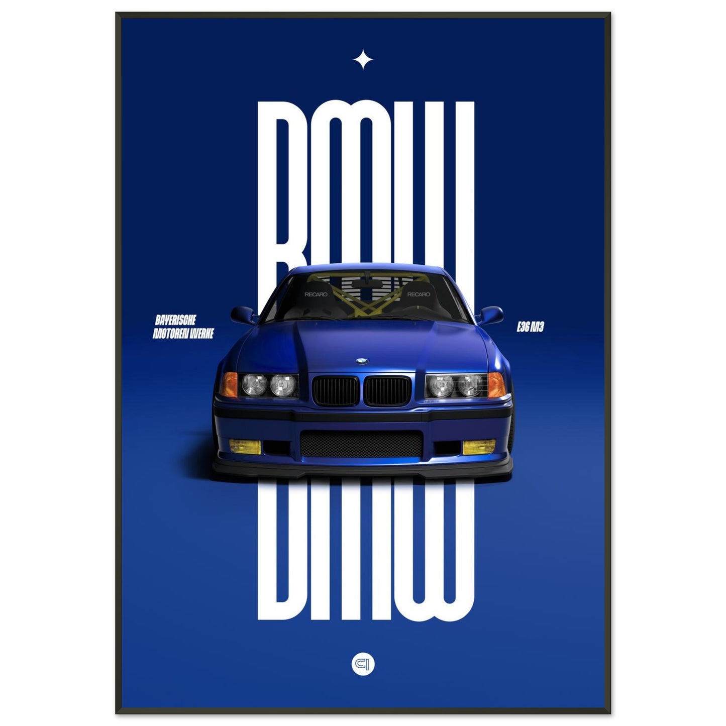 Framed Car Poster - BMW E36 - Blue