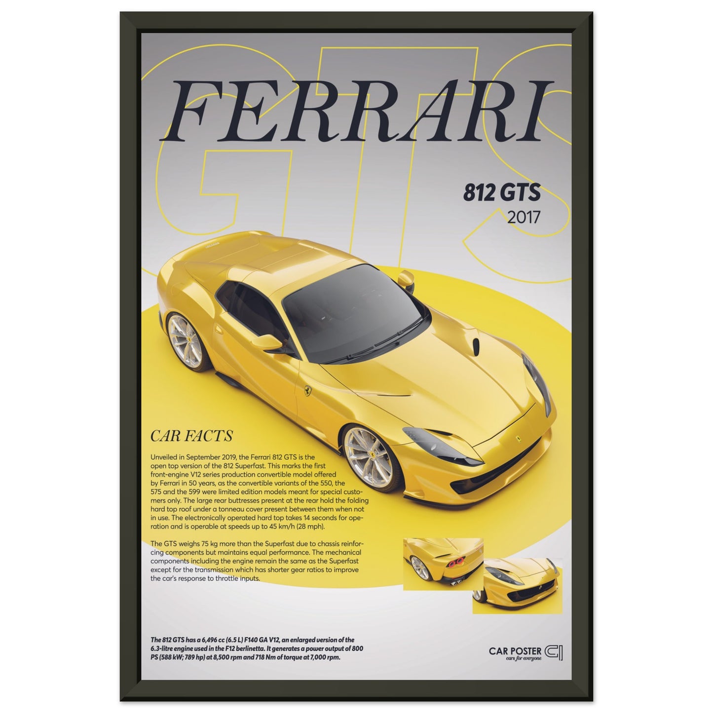 Framed Car Poster - Ferrari 812 GTS - Yellow